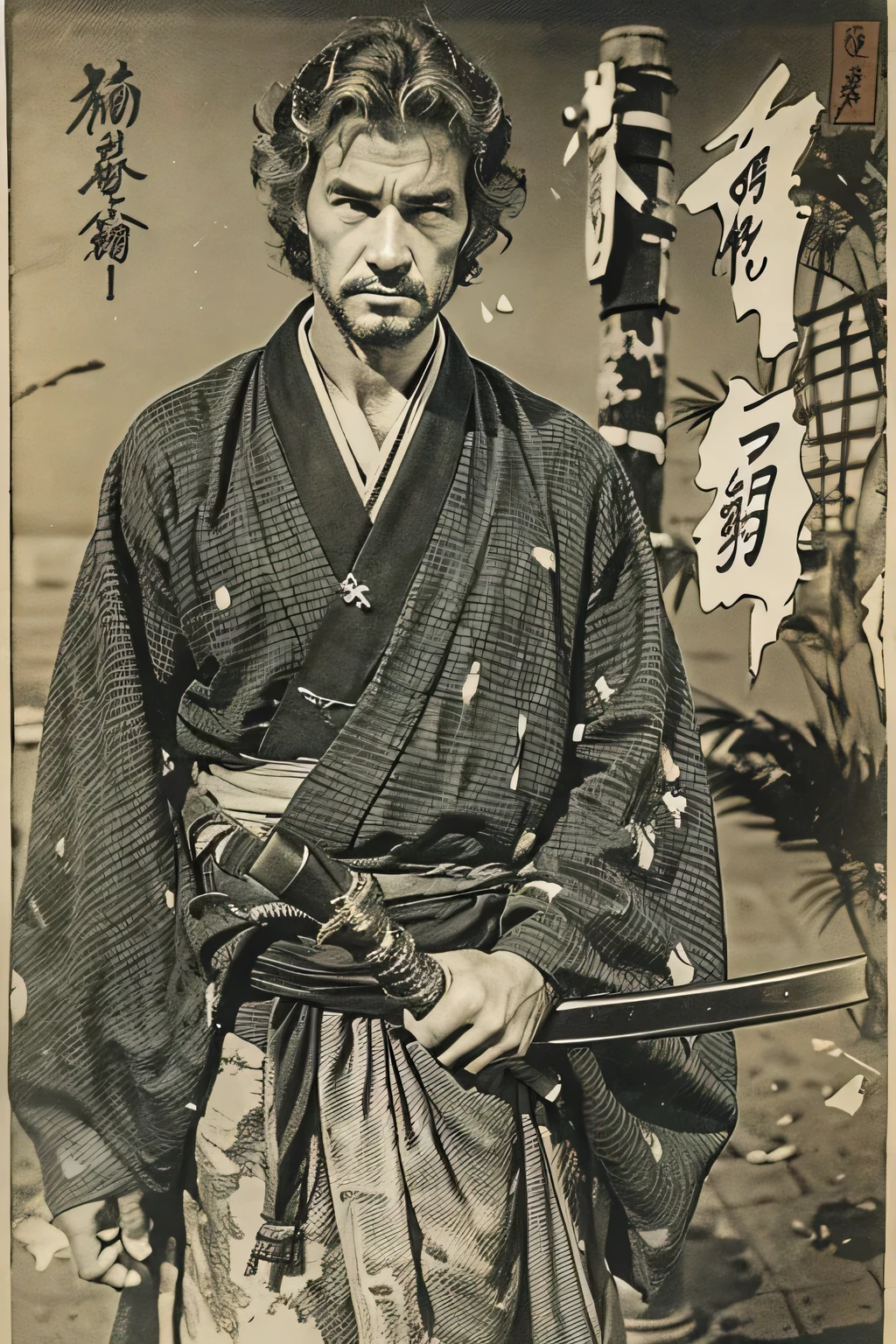 １male、middle aged、warrior、Image of Koji Yakusho and Hiroyuki Sanada、whole body、old kimono、understated appearance、sword not in hand, however、Keep it in a sheath and attached to your belt.、messy hair、Bad mood、Hand in hand、straw sandals、walk alone、wide々rustic country road、hovel along the road、The wind is blowing、One、dazzling sunlight、Sengoku period、black and white photography、monochrome photography、philharmonic、There is dirt on the screen、There is dirt on the screen、kurosawa movie、bodyguard、long shot