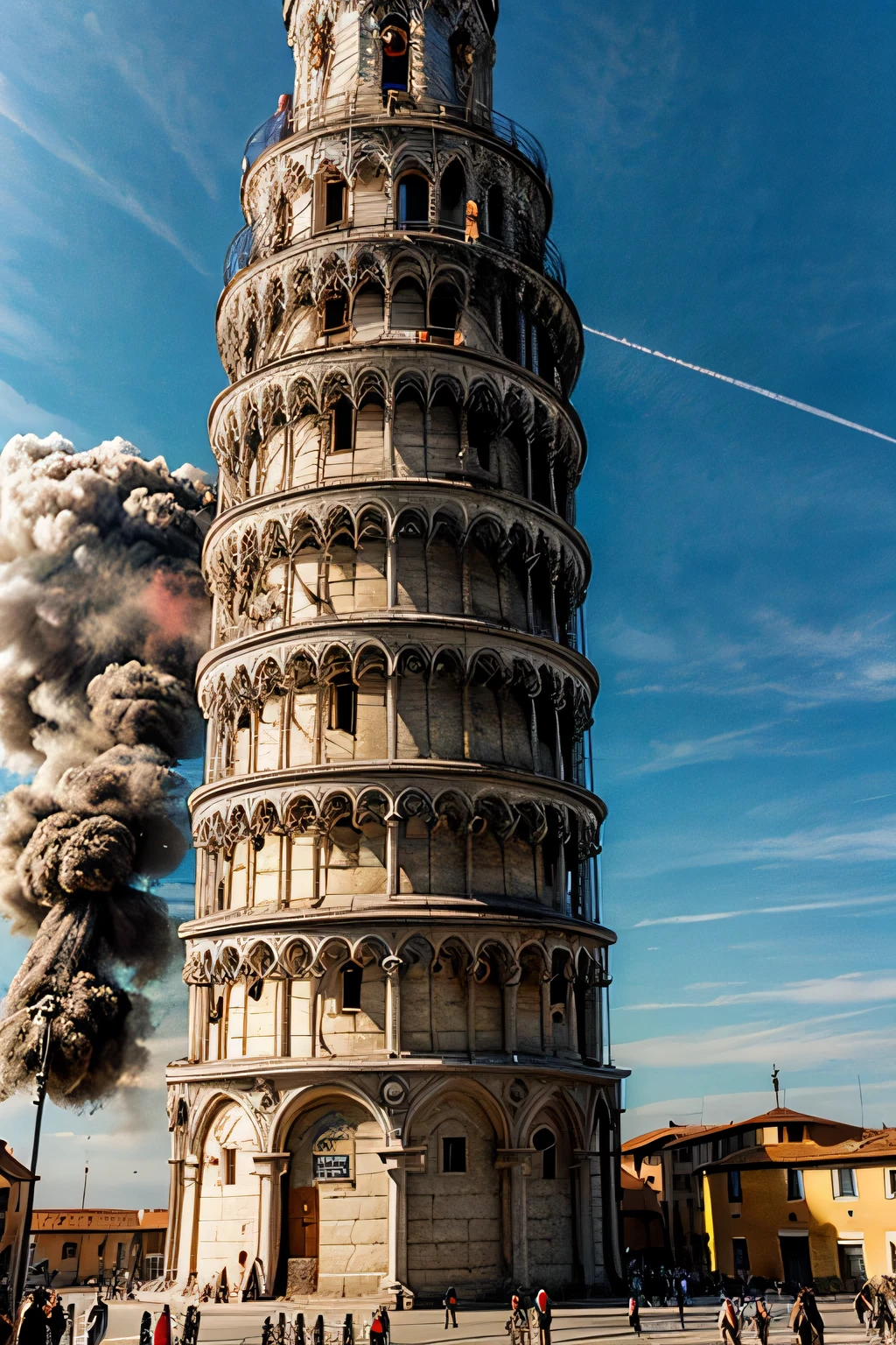 Leaning Tower of Pisa is on fire, photo realistic