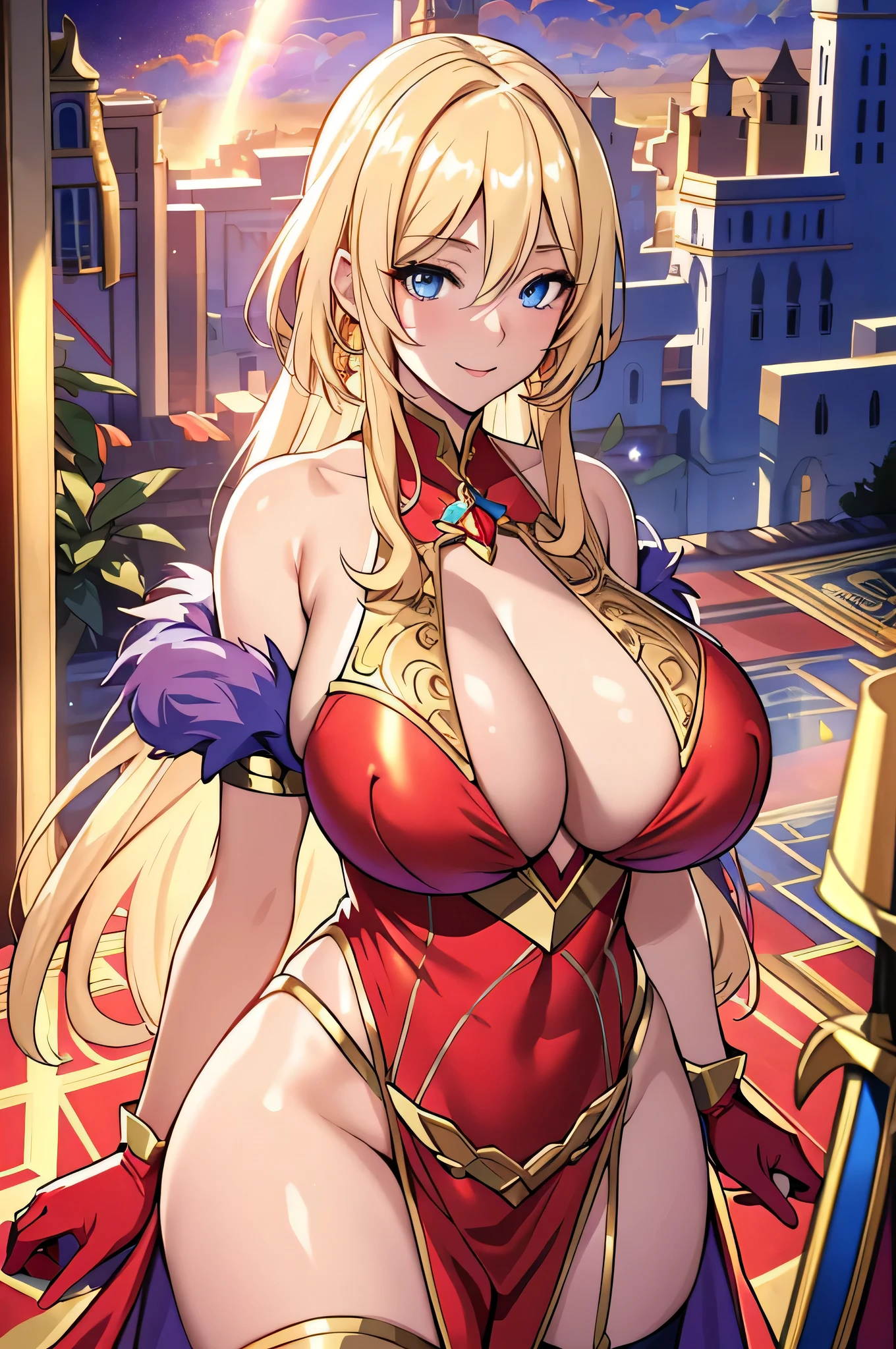 Lian, long blonde hair, hair stick,bangs,blue eyes, solo, smiling, standing, upper body, hips, bare shoulders,purple thighhighs,red dress, gold jewelry,armor,gloves,circlet, cleavage, red and gold royal castle, gigantic breasts, (best quality, masterpiece, beautiful and aesthetic:1.2, highest detailed face, perfect face,)  eyes, perfect face,expressive eyes,
looking at viewer, in the center of the image,(Upper_body),(Focus on her face),
official art,extremely detailed CG unity 8k wallpaper, perfect lighting,Colorful, Bright_Front_face_Lighting,shiny skin, 
(masterpiece:1.0),(best_quality:1.0), ultra high res,4K,ultra-detailed
