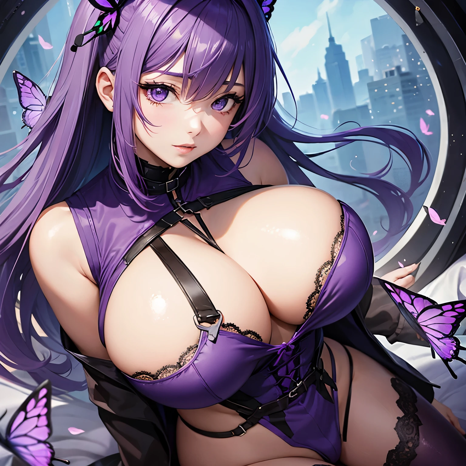 Woman, feminine, purple hair, purple eyes, big breasts, huge breasts, purple vest, vest with a butterfly neckline 