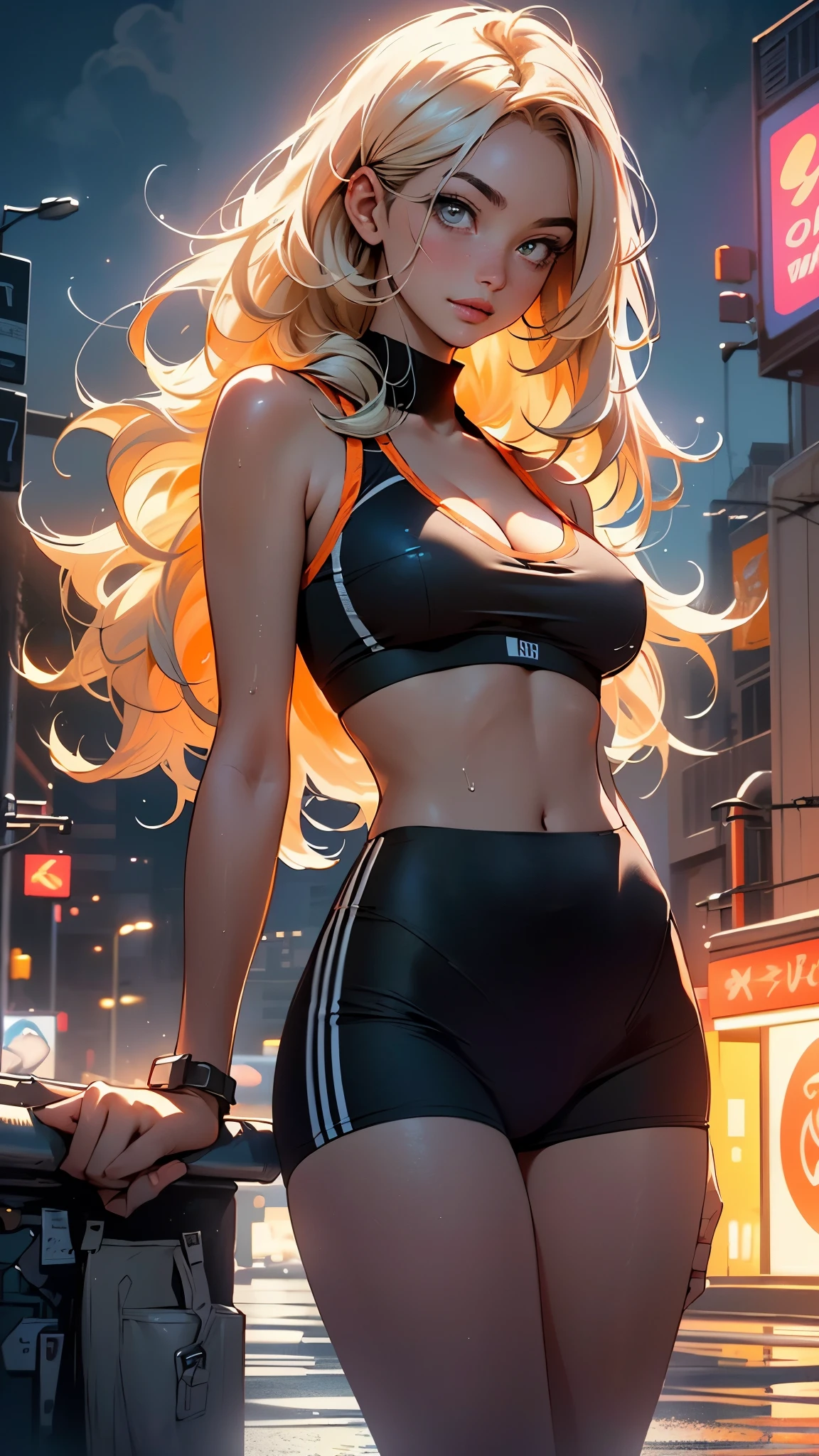 girl sporty,((attractive girl)),

(large breasts:1.4),saggy breasts,(((absurdly long unkept hair,blonde hair,very long hair,voluminous hair,Thick hair,Dense hair,long hair,colored inner hair))),((heterochromia:1.5, (orange_eye and blue_eye))),intricate eyes,beautiful detailed eyes,symmetrical eyes,((fat))(((lustrous skin:1.5,bright skin: 1.5,skin tanned,shiny skin,very shiny skin,shiny body,plastic glitter skin,exaggerated shiny skin,illuminated skin, wet legs))),(spider lower abdomen,narrow waist,wide hip,athletic body,inflated legs, thick thighs,detailed body,(detailed face)),

cute,slutty,seductive,erotic,(((nsfw))),

((tight sports bra, tight sports panties, (orange and black clothes))),(((cleavage))),((wet clothes,intricate outfit,intricate clothes)),

(dynamic pose:1.0),coquette,smiling,(centered,scale to fit dimensions,Rule of thirds),

cyberpunk city by the ocean at night, with bright neon signs and dark stormy clouds and puddles, scenery:1.25,nighttime, starry night, cosmos,Very dark night that makes the neon lights stand out, very bright neon lights,

artistic photography,(photography taken by sldr),highres, sharp focus,(ultra detailed, extremely detailed), (photorealistic artwork:1.37),(extremely detailed CG unity 8k wallpaper),((synthwave background theme)),(((vibrant colors))),intricate,(intricate background),(masterpiece),(best quality),perfect rendered face,perfect face details,realistic face,photo realistic,analog style,((intricate detail)),(((realism))),
