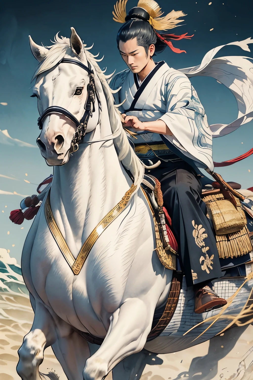 best quality, Japanese style drawing, ukiyo-e style, ink painting, watercolor art drawing, general riding white horse, luxurious Japanese kimono of white and blue with gold embroidery, samurai, topknot, motion-blur, action-lines, speed-lines, background sandy beach