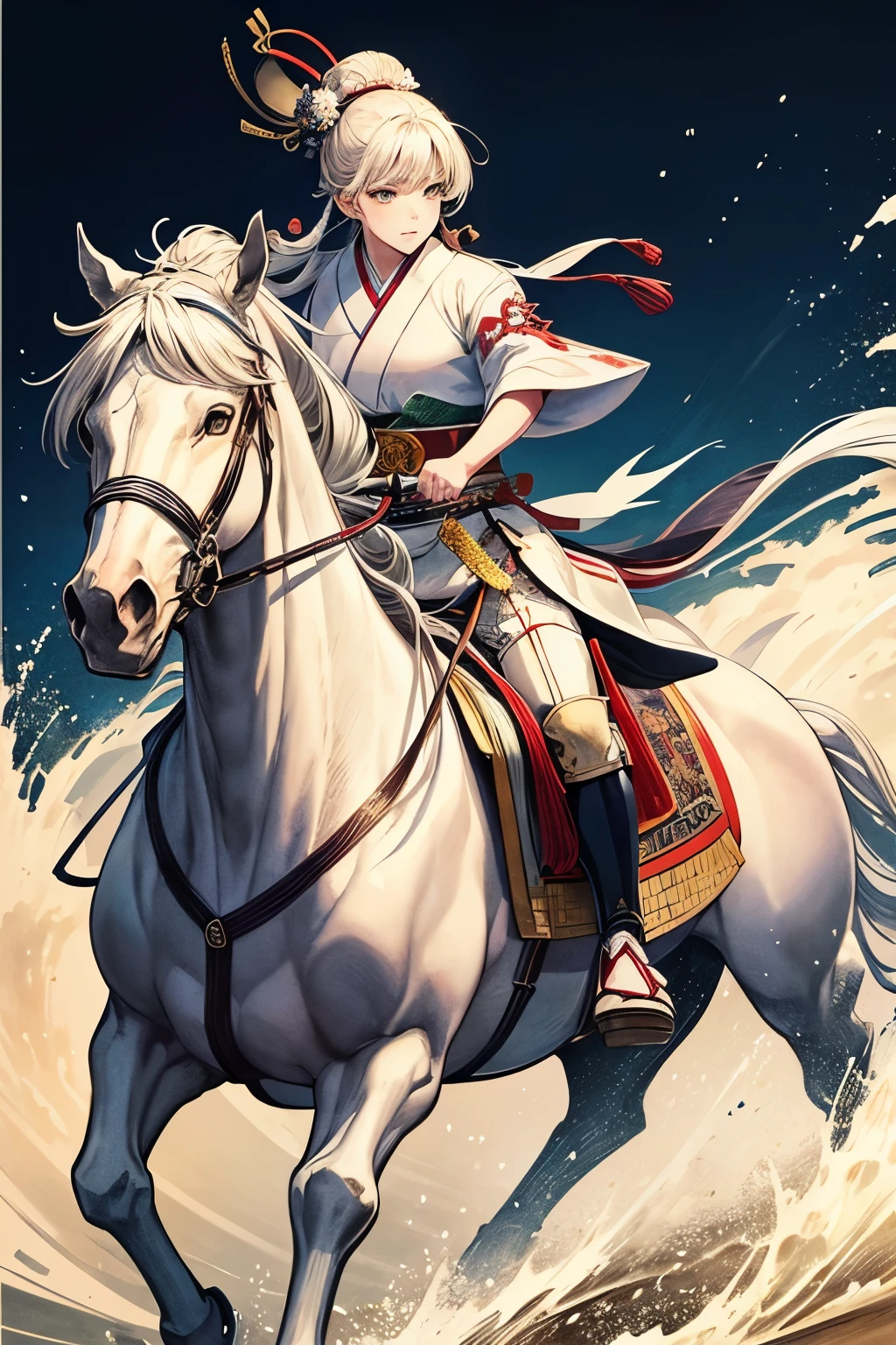 best quality, Japanese style drawing, ukiyo-e style, ink painting, watercolor art drawing, general riding white horse, luxurious Japanese kimono of white and blue with gold embroidery, samurai, topknot, motion-blur, action-lines, speed-lines, background sandy beach