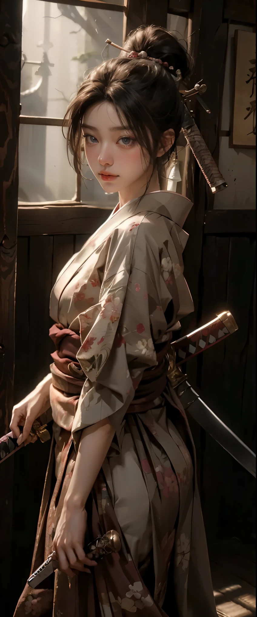 masterpiece、highest quality、超High resolution、realistic skin texture、Wearing a Japanese kimono and hakama、(He has a long sword at his waist.:1.2)、photorealistic、High resolution、Raw photo、shiny skin、realistic skin texture、best lighting、shine、dramatic lighting、dynamic pose、Japan wooden house、Female Samurai、swing a sword、1girl、balanced eyes、Wearing a Japanese kimono and hakama、ponytail、Blue eyes、look at the audience、 big breasts、big ass、