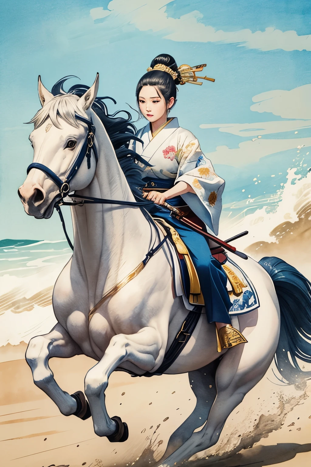 best quality, Japanese style drawing, ukiyo-e style, ink painting, watercolor art drawing, general riding white horse, luxurious Japanese kimono of white and blue with gold embroidery, samurai, topknot, motion-blur, action-lines, speed-lines, background sandy beach