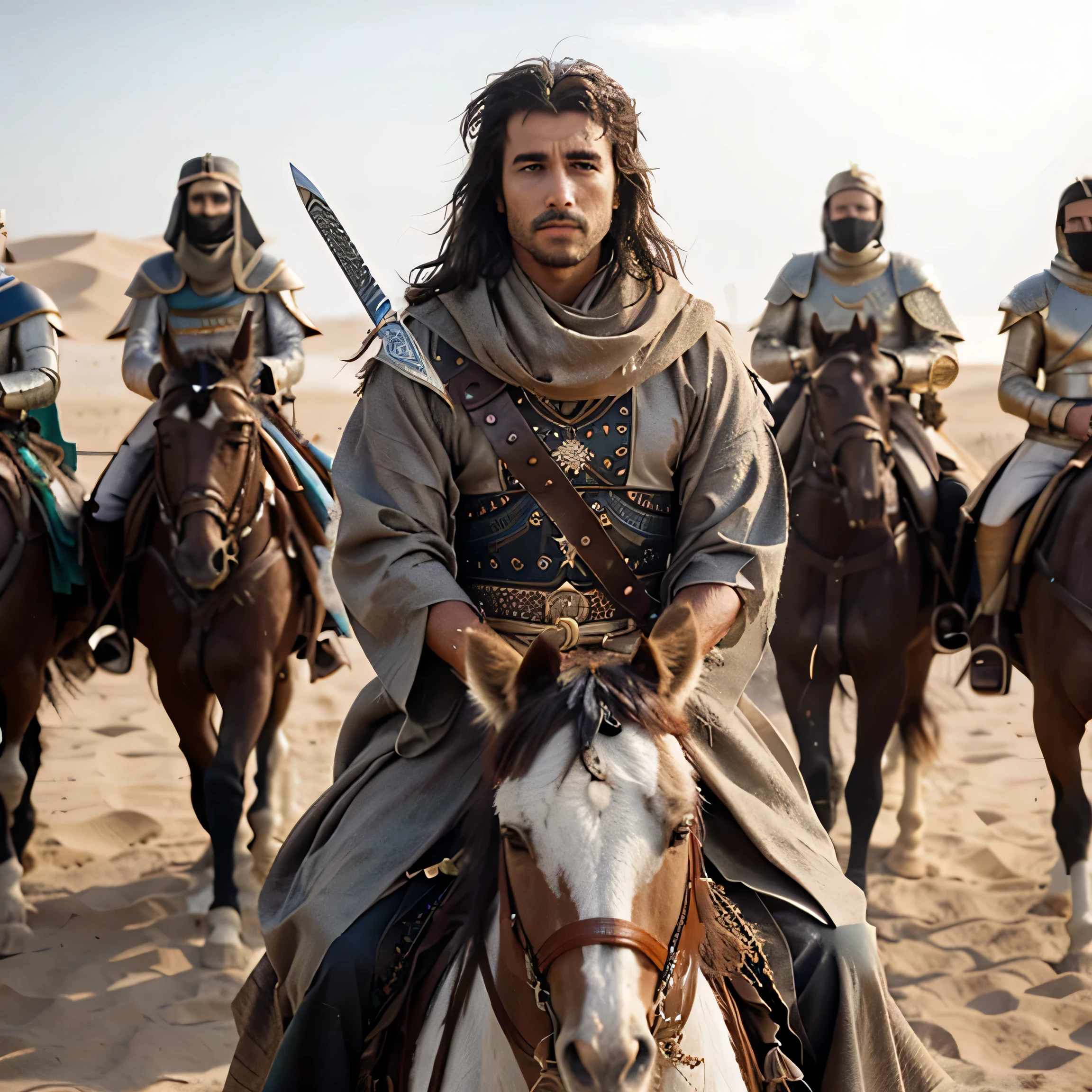 there are many men riding horses in the desert with swords, arabian samurai, portrait of bedouin d&d, handsome prince of persia, in an arena in dune 2021, arabian art, scene from dune 2 0 2 1 movie, film still from dune 2020, artwork in the style of guweiz, tuareg