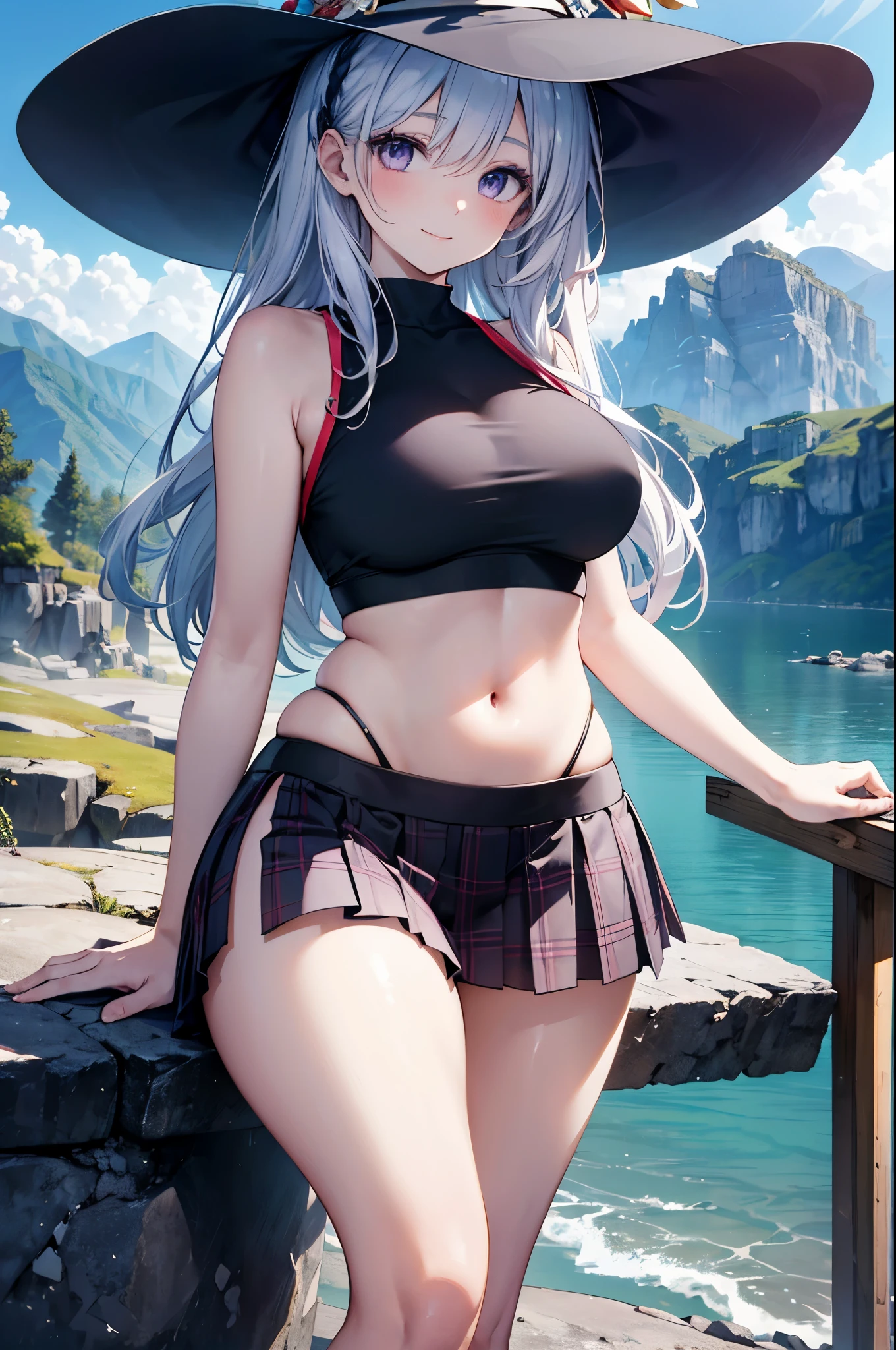 realistic image, coherent image, detailed image, 1 beautiful girl. She has silver hair, long hair, purple eyes, long eyelashes. Her face is oval and delicate, smiling. She is wearing a sleeveless t-shirt, bare midriff, plaid pleated mini skirt, sneakers, witch hat. She has a curvy body, medium breasts, thick thighs, background of a mountainous landscape, surrounded by mountains, natural lighting, volumetric lighting,
