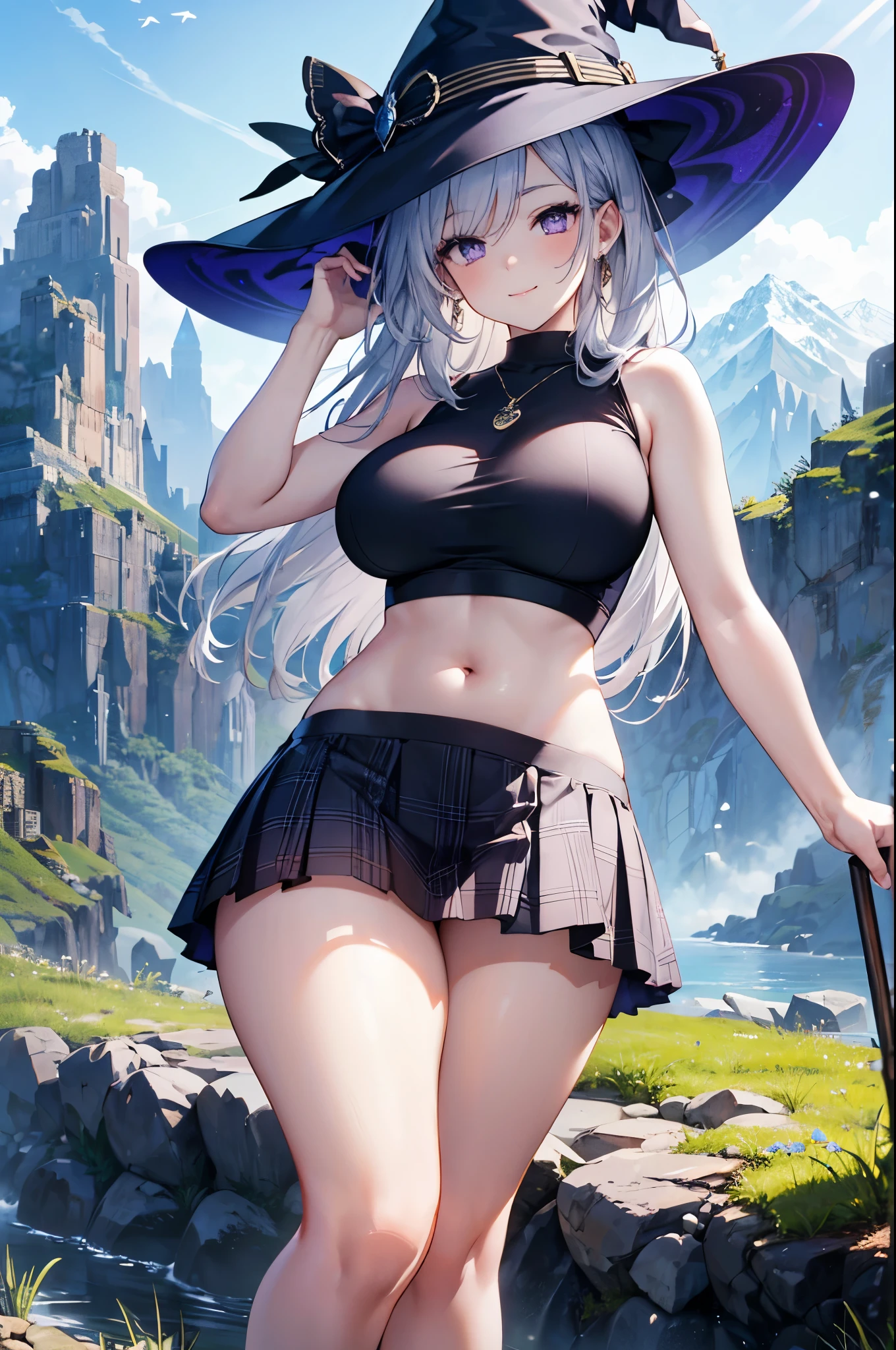 realistic image, coherent image, detailed image, 1 beautiful girl. She has silver hair, long hair, purple eyes, long eyelashes. Her face is oval and delicate, smiling. She is wearing a sleeveless t-shirt, bare midriff, plaid pleated mini skirt, sneakers, witch hat. She has a curvy body, medium breasts, thick thighs, background of a mountainous landscape, surrounded by mountains, natural lighting, volumetric lighting,