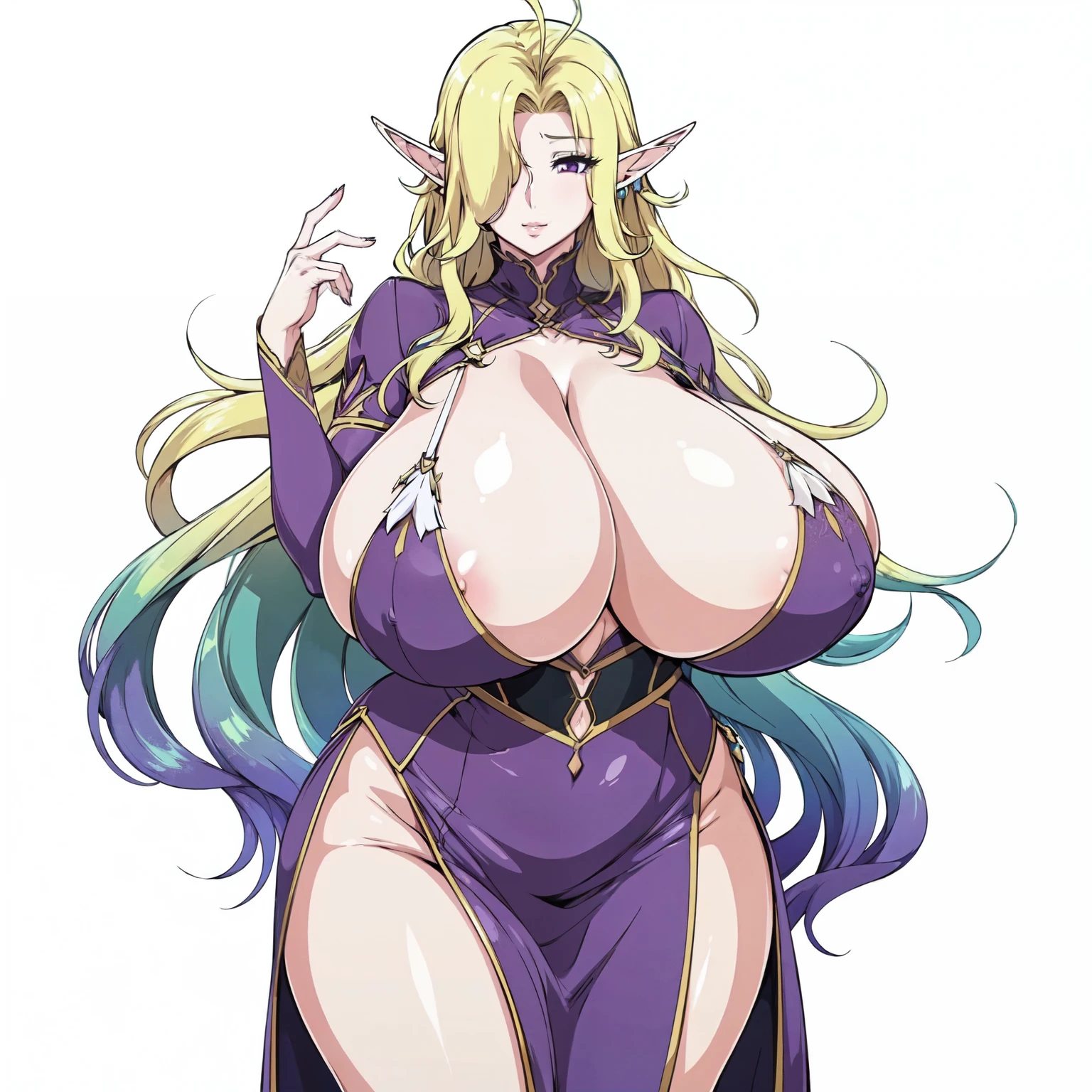 1fw.stentrem,(((mature age))), elf, very long hair, gradient hair, very erotic face expression, wide hips, thick thighs, huge round ass, huge natural Hitomi Tanaka breasts, cleavage, wearing a very fancy formal luxury dress, location is fully white space, no background only white color , fully white background behind character , png, very happy,
