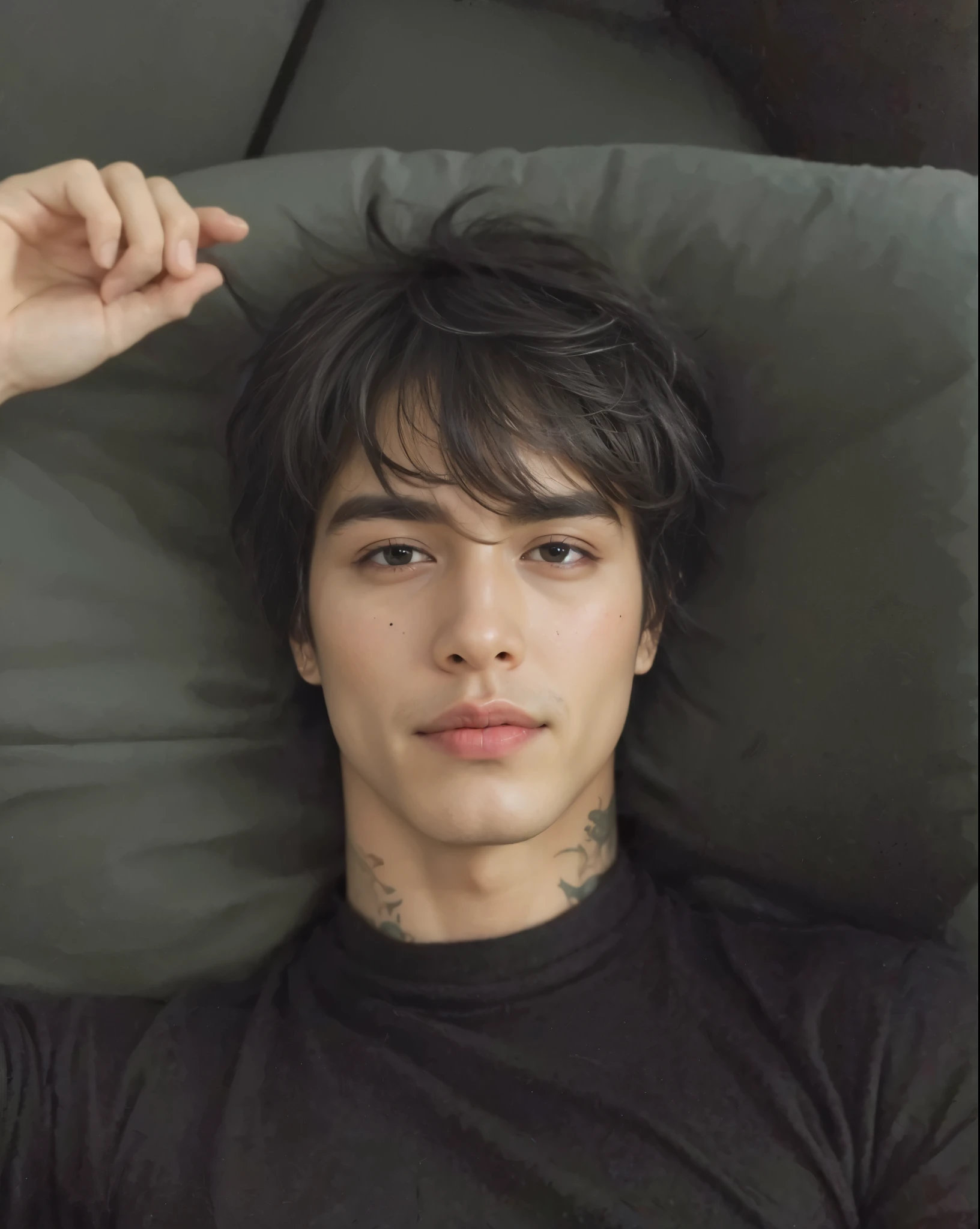 Homem tatuado, lindo, deitado 