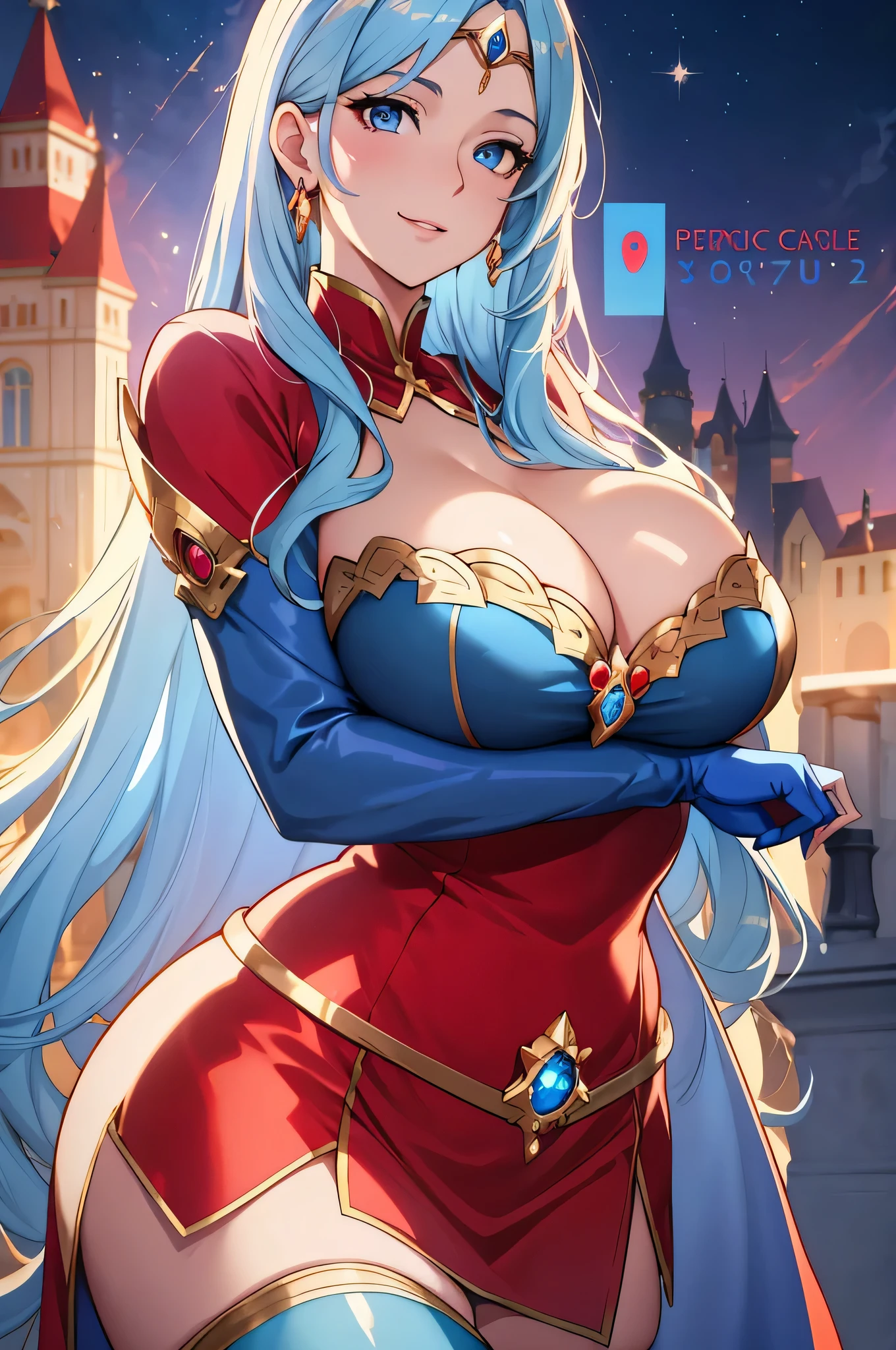 Lian, light blue hair, hair stick,bangs,blue eyes, solo, smiling, standing, upper body, hips, bare shoulders,purple thighhighs,red dress, gold jewelry,armor,gloves,circlet, cleavage, red and gold royal castle, gigantic breasts, (best quality, masterpiece, beautiful and aesthetic:1.2, highest detailed face, perfect face,) eyes, perfect face,expressive eyes,
looking at viewer, in the center of the image,(Upper_body),(Focus on her face),
official art,extremely detailed CG unity 8k wallpaper, perfect lighting,Colorful, Bright_Front_face_Lighting,shiny skin,
(masterpiece:1.0),(best_quality:1.0), ultra high res,4K,ultra-detailed