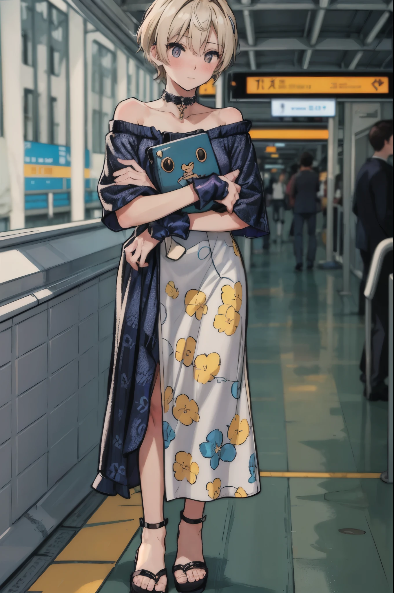 "best quality,ultra-detailed,((background:inside-train-station1,8)),(one boy),(full body),portraits,((sissy boy,tomboy,FemBoy,trap)),bulge,(natural makeup),black choker,short blonde hair,boy's face,((blushing)),((maxi-length-dress)),(patterned dress),(high-heel-sandal),(he’s having shoulder bags),vibrant colors,soft lighting"