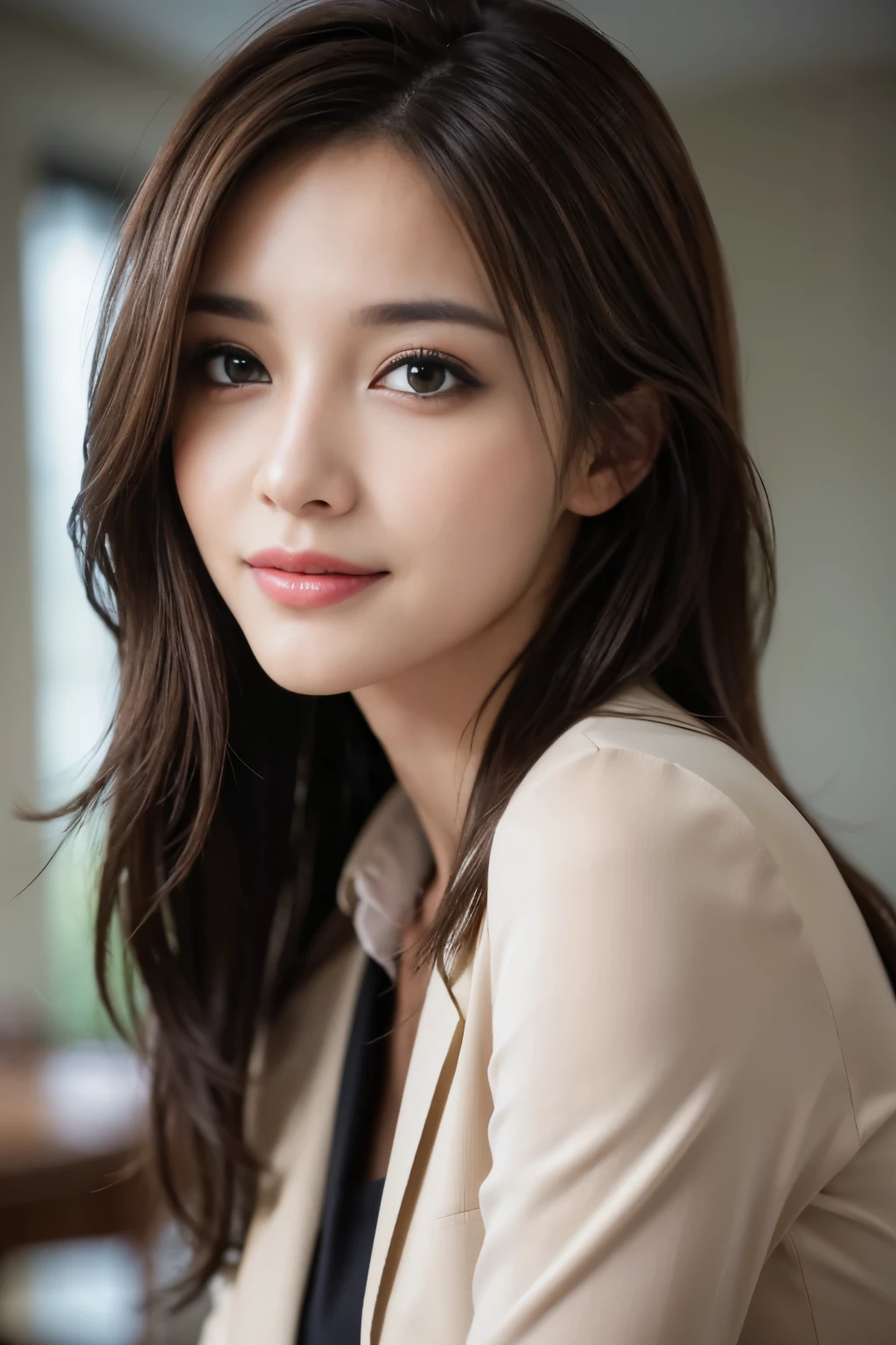 table top, highest quality, realistic, Super detailed, finely, High resolution, 8k wallpaper, 1 beautiful woman,, light brown messy hair, wearing a business suit, sharp focus, perfect dynamic composition, beautiful and detailed eyes, thin hair, Detailed realistic skin texture, smile, close-up portrait, model body shape