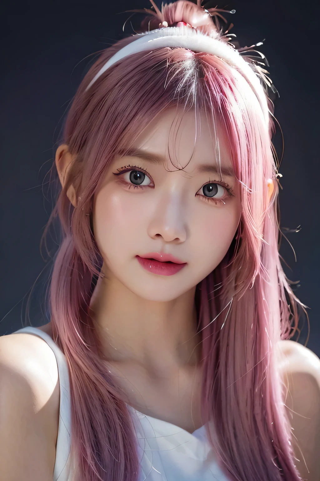 long eyelashes, solid round eyes, faint smile, red ears, direction, gradient hair, hair covering one eye, top knot, Pink headband, bright pupils, naughty face, Surrealism, shadow, relief, Stereo view, vertical painting, leave, atmospheric perspective, movie lighting, Pixar, 8k, Ultra-detailed, precise, best quality, ultra high definition