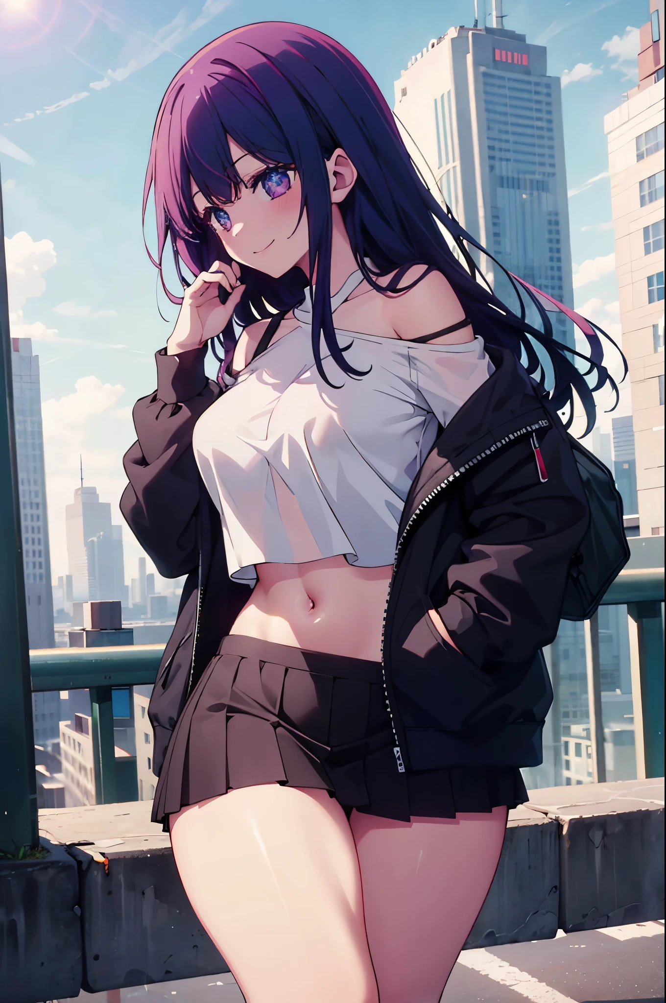 realistic image, coherent image, detailed image, 1 beautiful girl. She has purple hair, long hair. Her eyes are berry pink, with a six-pointed star in each of her eyes, long eyelashes. Her face is oval and delicate, smiling. She is wearing a long-sleeved off-the-shoulder t-shirt, showing her navel, pleated mini skirt, sneakers, she has a curvy body, medium breasts, thick thighs, urban background, surrounded by buildings, natural lighting, volumetric lighting,