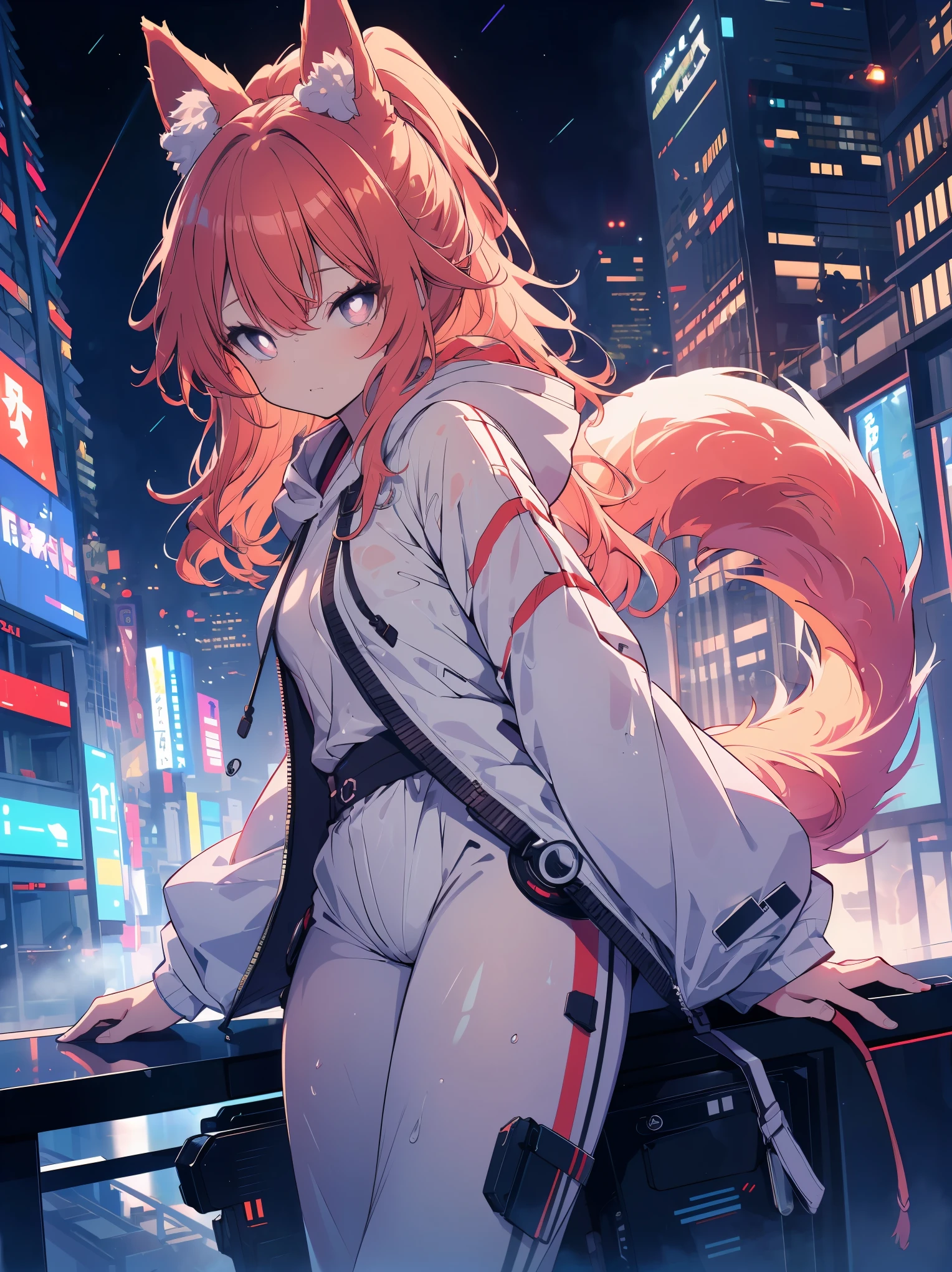 (cowboy shot), (best quality, ultra-high resolution, depth of field:1.2), beautiful face, (25 years old), (fox woman), purplish eyes, bright pupils, (medium breasts) (serious), deadpan, (pastel red long hair), ponytail, animal ears, (fluffy wolf ears), (fluffy tail), (wearing a futuristic white jacket with the hoodie down:1.2), (wearing futuristic soggy pants:1.3), Japanese building rooftop scenery, night time, sitting on the edge of the rooftop, looking at viewer
