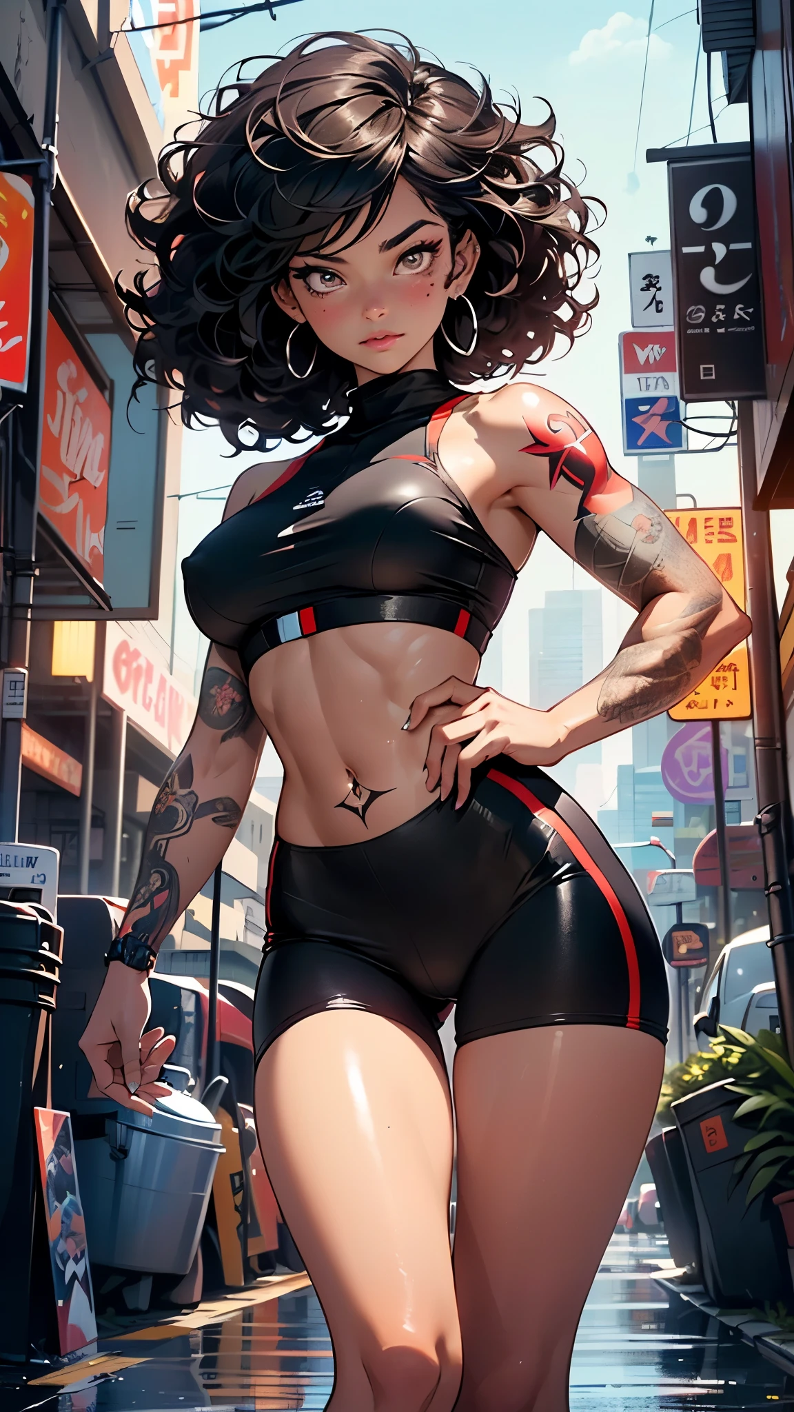 girl sporty,((attractive and muscular girl)),(tomboy),
(large breasts:1.4),saggy breasts,(((black hair:1.35,curly hair, disheveled hair:1.3,very long hair:1.4,colored inner hair,ear breathing))),((heterochromia:1.5, (orange_eye and red_eye))),intricate eyes,beautiful detailed eyes,symmetrical eyes,(((lustrous skin:1.5,bright skin: 1.5,skin tanned,shiny skin,very shiny skin,shiny body,plastic glitter skin,exaggerated shiny skin,illuminated skin, wet legs))),(spider lower abdomen,narrow waist,wide hip,athletic body,inflated legs, thick thighs,detailed body),(((muscle legs,muscular thighs,muscular girl,strong and muscular,bodybuilder,strong body,muscular,feminine and muscular,ABS))),(detailed face),(((tattoos:1.5))),
cute,slutty,seductive,erotic,(((nsfw))),
zettai ryouiki,((tight sports bra, tight sports panties, ((orange and black clothes)))),((wet clothes,intricate outfit,intricate clothes)),
(dynamic pose:1.0),annoyed,(centered,scale to fit dimensions,Rule of thirds),
cyberpunk city by the ocean at night, with bright neon signs and dark stormy clouds and puddles, scenery:1.25,nighttime, starry night, cosmos,Very dark night that makes the neon lights stand out, very bright neon lights,
artistic photography,(photography taken by sldr),highres, sharp focus,(ultra detailed, extremely detailed), (photorealistic artwork:1.37),(extremely detailed CG unity 8k wallpaper),((synthwave background theme)),(((vibrant colors))),intricate,(intricate background),(masterpiece),(best quality),perfect rendered face,perfect face details,realistic face,photo realistic,analog style,((intricate detail)),(((realism))),