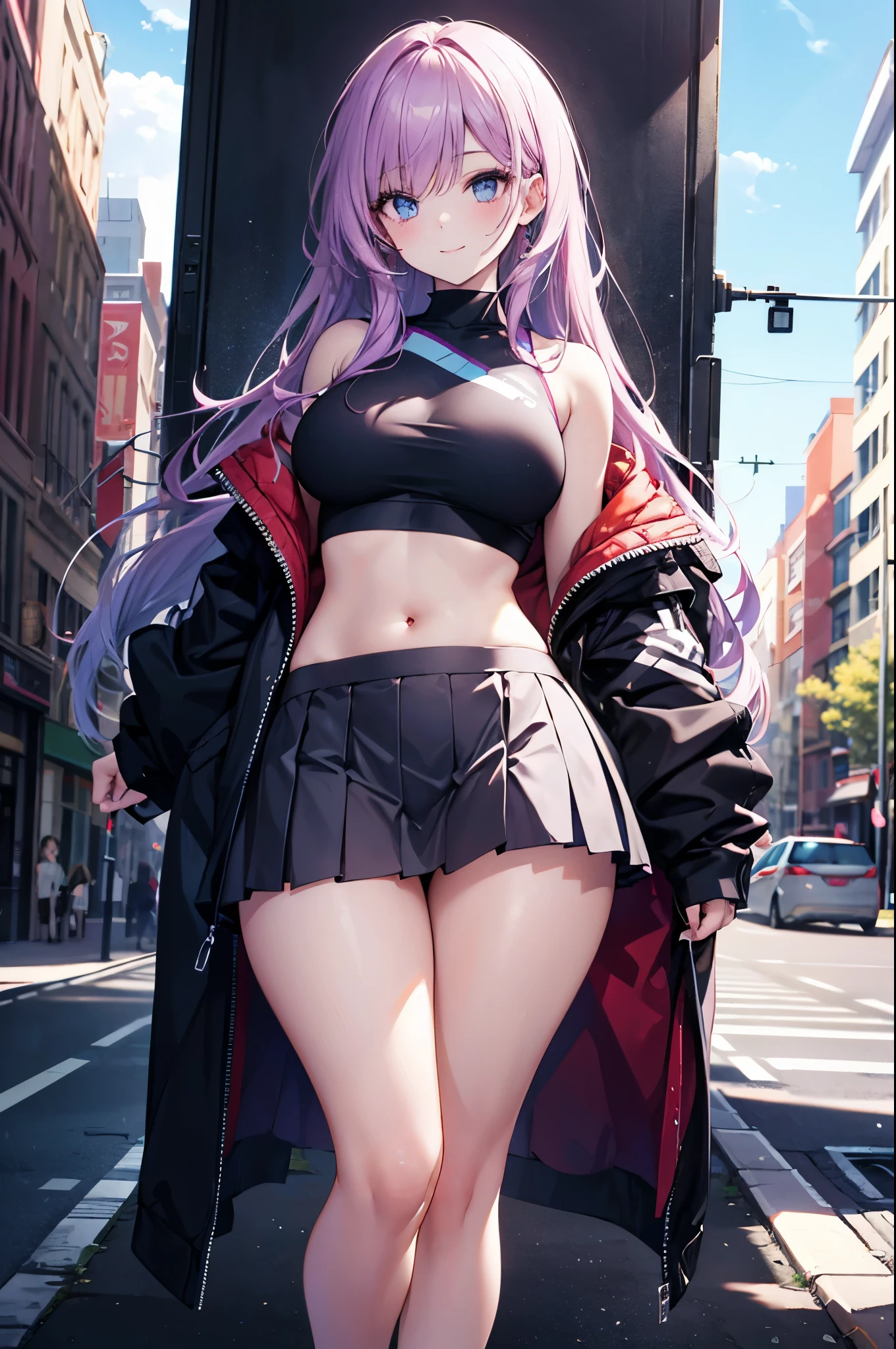 realistic image, coherent image, detailed image, 1 beautiful girl. She has purple hair, long hair. Her eyes are berry pink, with a six-pointed star in each of her eyes, long eyelashes. Her face is oval and delicate, smiling. She is wearing a long-sleeved off-the-shoulder t-shirt, showing her navel, pleated mini skirt, sneakers, she has a curvy body, medium breasts, thick thighs, urban background, surrounded by buildings, natural lighting, volumetric lighting,