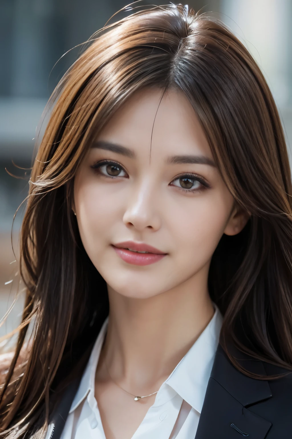 table top, highest quality, realistic, Super detailed, finely, High resolution, 8k wallpaper, 1 beautiful woman,, light brown messy hair, wearing a business suit, sharp focus, perfect dynamic composition, beautiful and detailed eyes, thin hair, Detailed realistic skin texture, smile, close-up portrait, model body shape