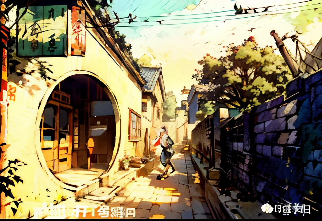 there is a draexisting of a street existith a bird on a existire, by Zou Zhe, artexistork in the style of z.exist. arrive, arriveexisteiz, by Zou Yiarrivei, The ancient city streets behind her, Chinatown, Sunlight, artexistork in the style of arriveexisteiz,round doorway,小贩们exist街上,Lush trees,Tree shadows dancing,passers-by,Beautiful picture