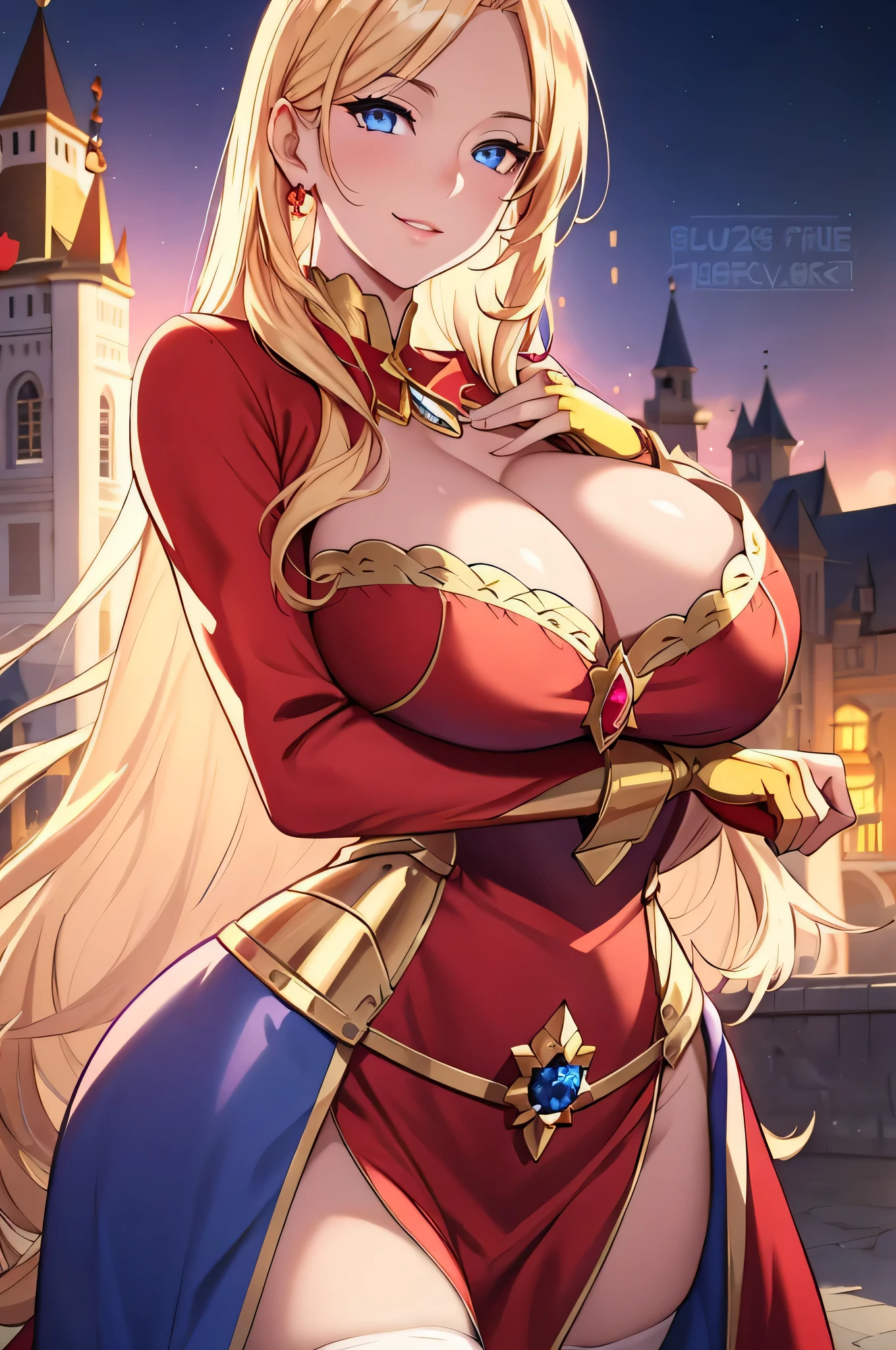 Lian, long blonde hair, hair stick,bangs,blue eyes, solo, smiling, standing, upper body, hips, bare shoulders,purple thighhighs,red dress, gold jewelry,armor,gloves,circlet, cleavage, red and gold royal castle, gigantic breasts, (best quality, masterpiece, beautiful and aesthetic:1.2, highest detailed face, perfect face,) eyes, perfect face,expressive eyes,
looking at viewer, in the center of the image,(Upper_body),(Focus on her face),
official art,extremely detailed CG unity 8k wallpaper, perfect lighting,Colorful, Bright_Front_face_Lighting,shiny skin,
(masterpiece:1.0),(best_quality:1.0), ultra high res,4K,ultra-detailed