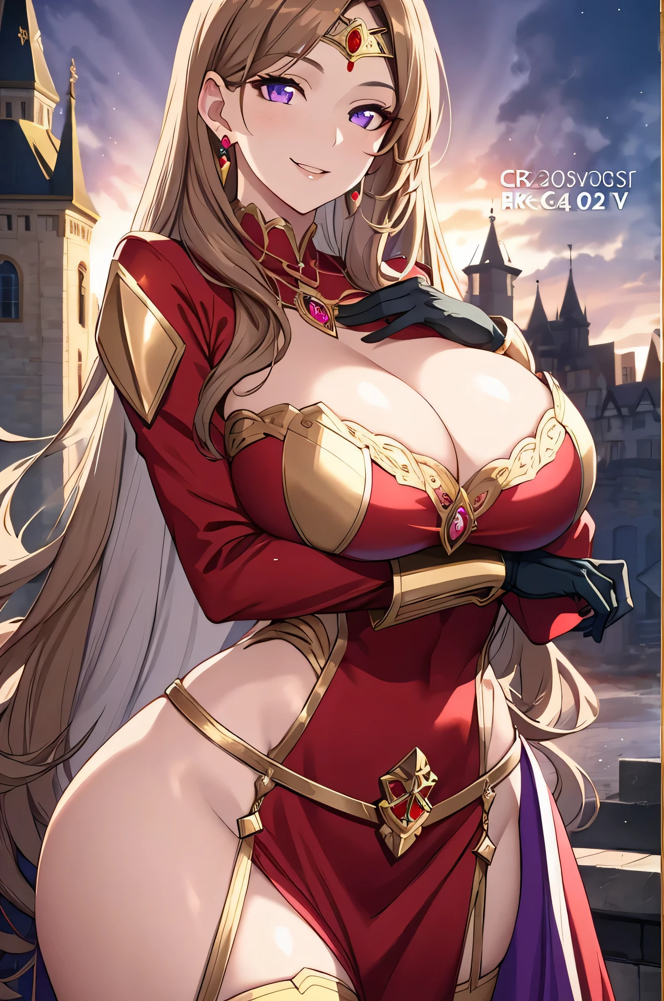 Lian, light brown hair, hair stick,bangs,violet eyes, solo, smiling, standing, upper body, hips, bare shoulders,purple thighhighs,red dress, gold jewelry,armor,gloves,circlet, cleavage, red and gold royal castle, gigantic breasts, (best quality, masterpiece, beautiful and aesthetic:1.2, highest detailed face, perfect face,) eyes, perfect face,expressive eyes,
looking at viewer, in the center of the image,(Upper_body),(Focus on her face),
official art,extremely detailed CG unity 8k wallpaper, perfect lighting,Colorful, Bright_Front_face_Lighting,shiny skin,
(masterpiece:1.0),(best_quality:1.0), ultra high res,4K,ultra-detailed