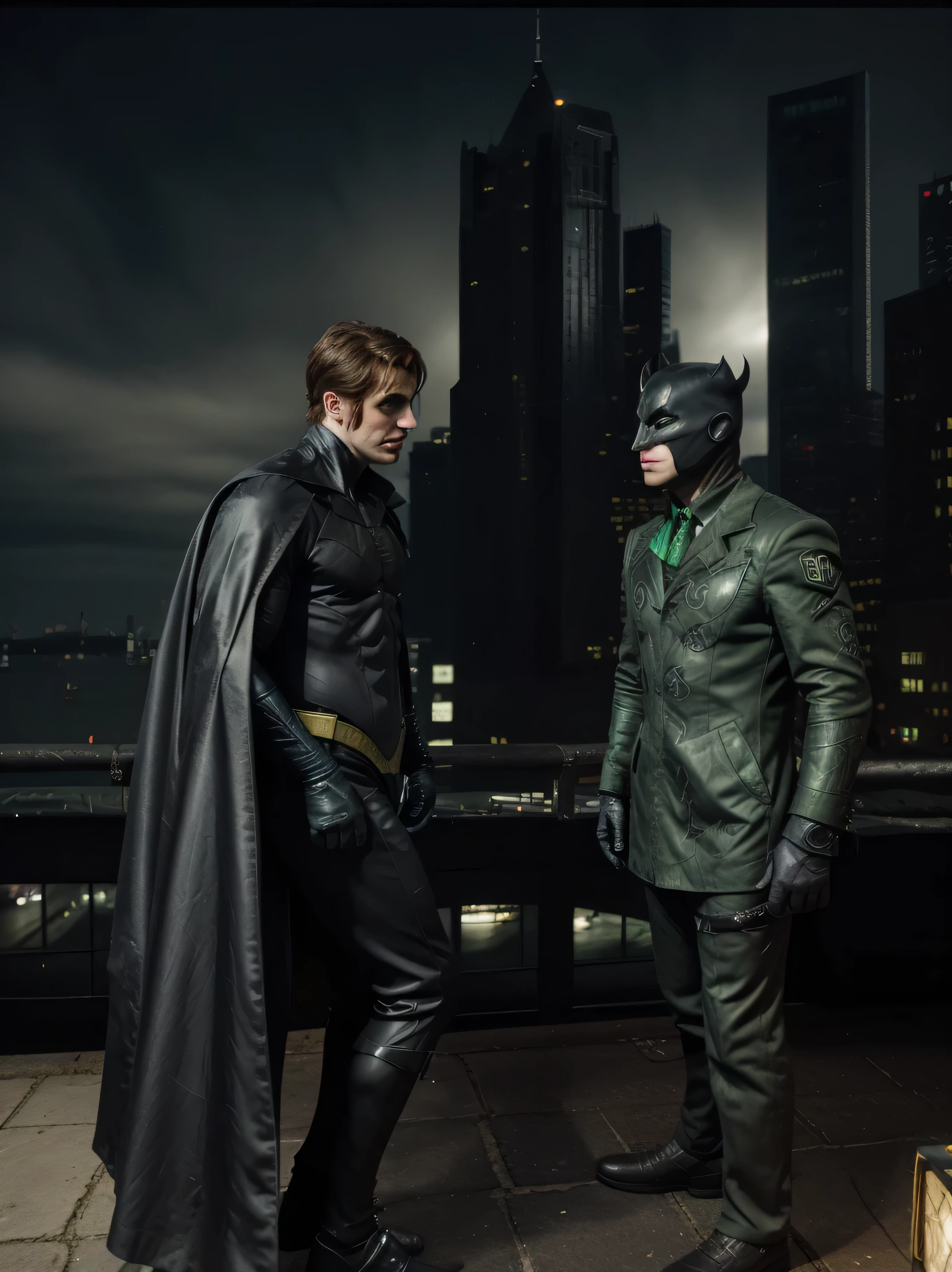 gotham city, Batman and Riddler, a big city in the background at night, a bridge, the night sky.