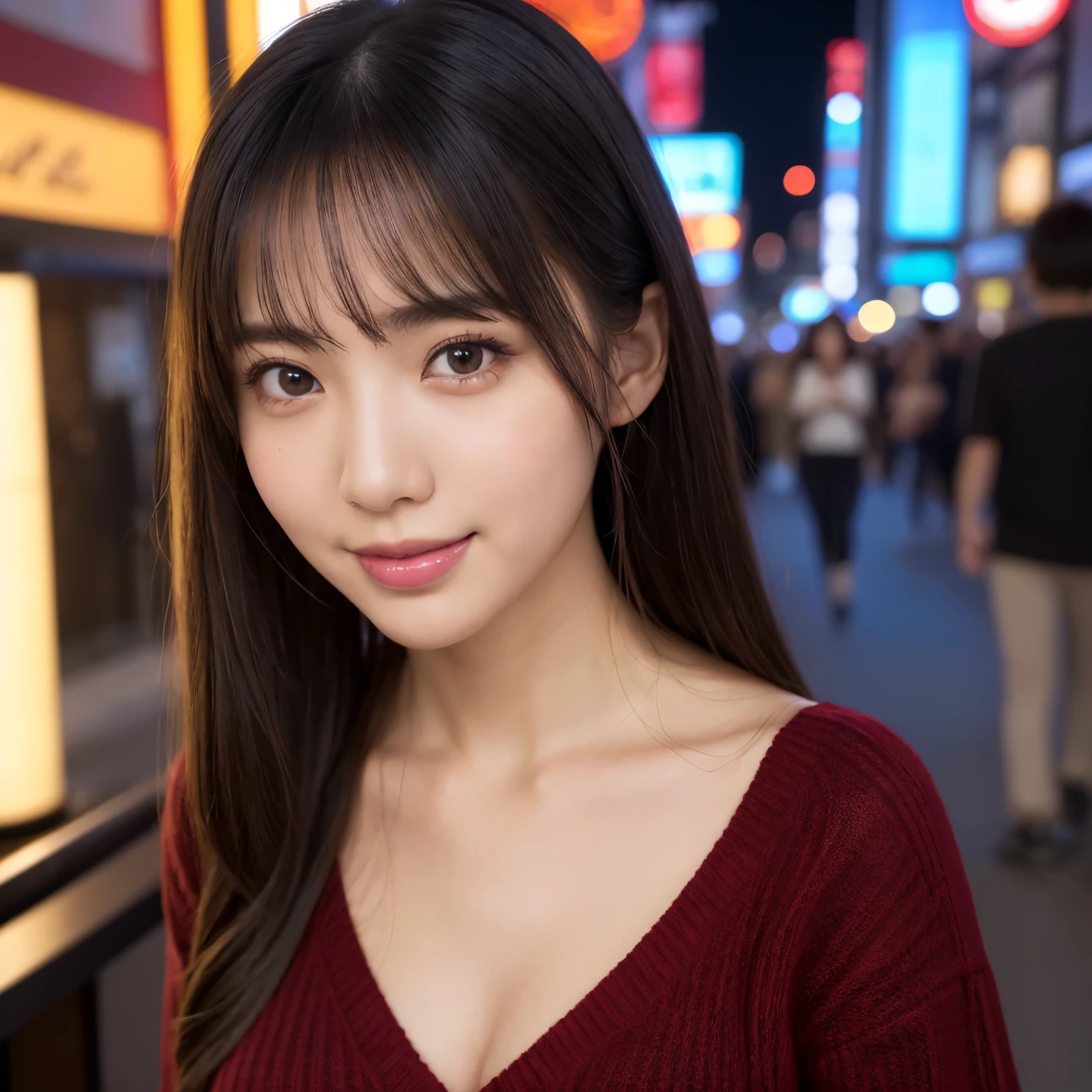 (highest quality、table top、8k、best image quality、Award-winning work)、one beautiful woman、25 years old、perfect dynamic composition、big and full breasts、[clavicle]、(Patsun:1.1)、(Wine red thick V-neck knit:1.1)、(Knit that fits perfectly to the body:1.1)、(perfect v-neck knit sweater:1.1)、(slightly pregnant:1.1)、(very thin pregnant woman:1.05)、(full body photo:1.15)、look at me and smile、(Strongly blurred background of Kabukicho at night:1.1)、stand gracefully、droopy eyes、natural makeup、Ultra high definition beauty face、ultra high definition hair、Super high-definition sparkling eyes、Super high resolution glossy lips、accurate anatomy、very beautiful skin、Super high-definition glowing beautiful skin