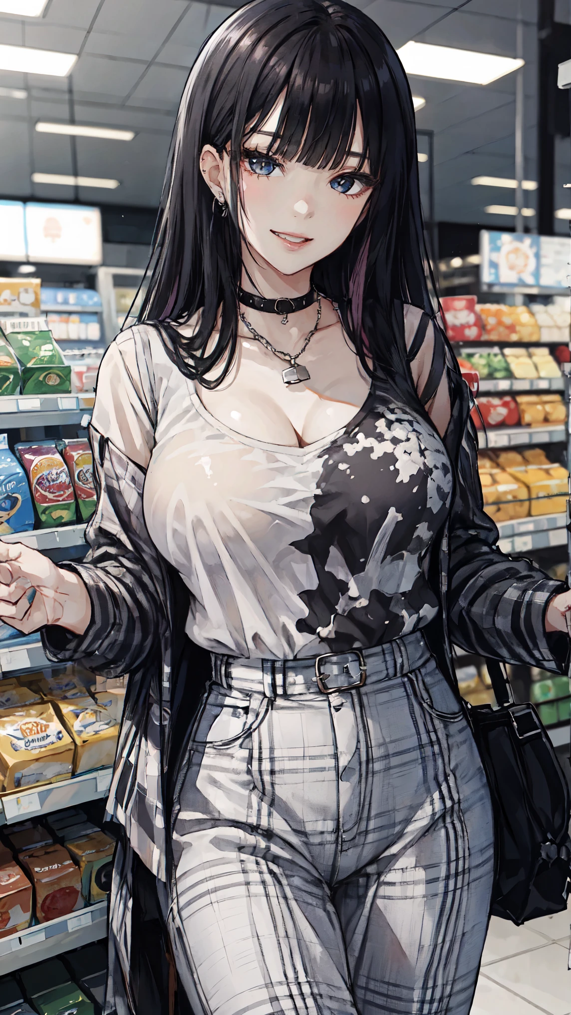 sagging breasts,mature female,huge breasts, gigantic breasts, (((face focus))),solo,grin,cowboy shot,gyaru,((nagatiti)),eyeshadow,lip,Shiny eyelashes,black hair, (((two-tone hair))),piercing,very long hair,supermarket, baggy collared shirt,long sleeves, floral pants,Wheat skin,plaid shirt,white tube top,blunt bangs,