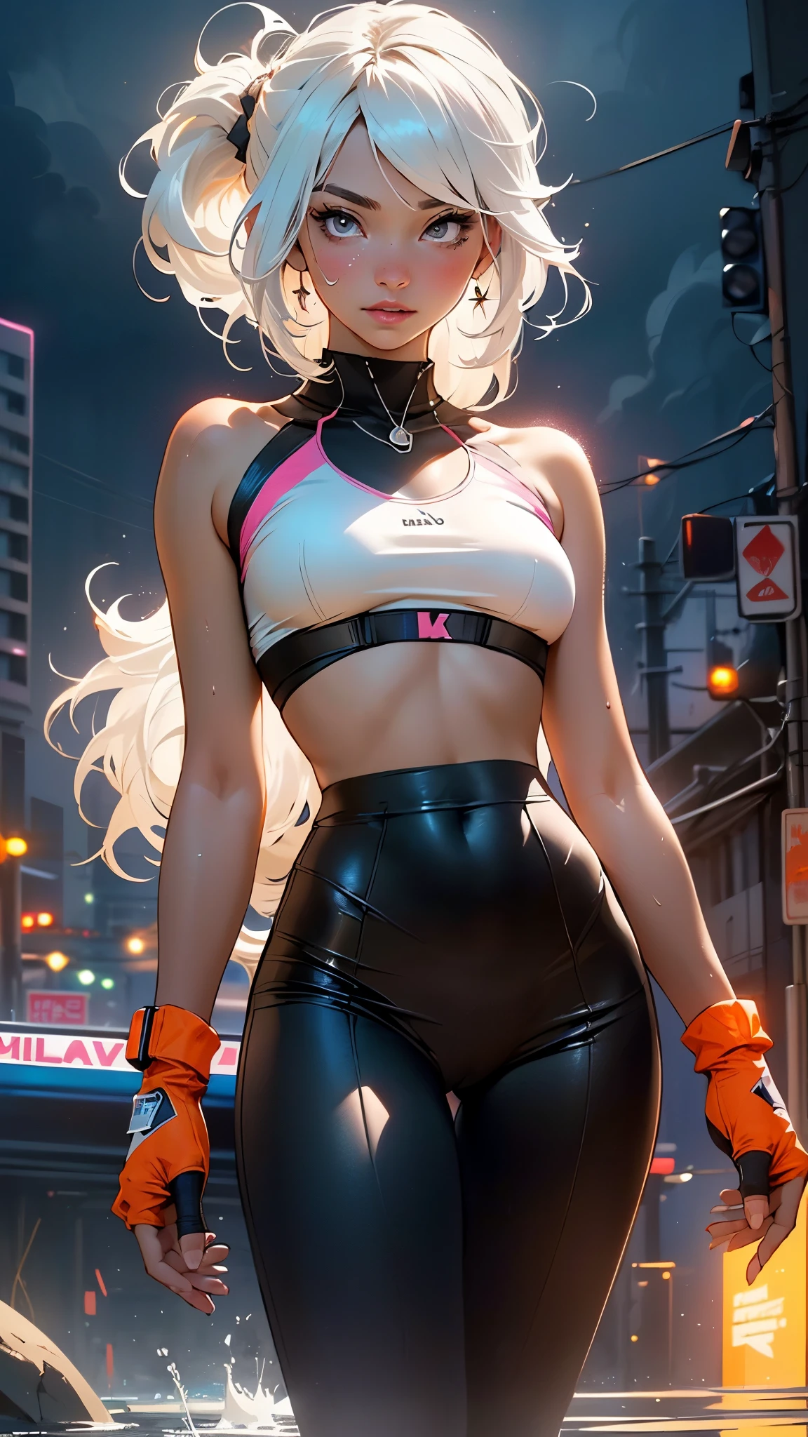 girl sporty,((attractive girl)),
(large breasts:1.4),saggy breasts,(((white hair:1.4,white ponytail hairstyle:1.5,very long hair:1.5))),((heterochromia:1.5, (orange_eye and pink_eye))),intricate eyes,beautiful detailed eyes,symmetrical eyes,((fat))(((lustrous skin:1.5,bright skin: 1.5,skin tanned,shiny skin,very shiny skin,shiny body,plastic glitter skin,exaggerated shiny skin,illuminated skin, wet legs))),(spider lower abdomen,narrow waist,wide hip,athletic body,inflated legs, thick thighs,detailed body,(detailed face)),
cute,slutty,seductive,erotic,(((nsfw))),
revealing clothing,show skin,with micro clothes,almost totally naked,with little clothing,(tiny thong),generous neckline,((tight sports bra, tight sports thong,((orange and black clothes)))),(((underboob))),((wet clothes,intricate outfit,intricate clothes)),
(dynamic pose:1.0),embarrassed,(centered,scale to fit dimensions,Rule of thirds),
cyberpunk city by the ocean at night, with bright neon signs and dark stormy clouds and puddles, scenery:1.25,nighttime, starry night, cosmos,Very dark night that makes the neon lights stand out, very bright neon lights,
artistic photography,(photography taken by sldr),highres, sharp focus,(ultra detailed, extremely detailed), (photorealistic artwork:1.37),(extremely detailed CG unity 8k wallpaper),((synthwave background theme)),(((vibrant colors))),intricate,(intricate background),(masterpiece),(best quality),perfect rendered face,perfect face details,realistic face,photo realistic,analog style,((intricate detail)),(((realism))),