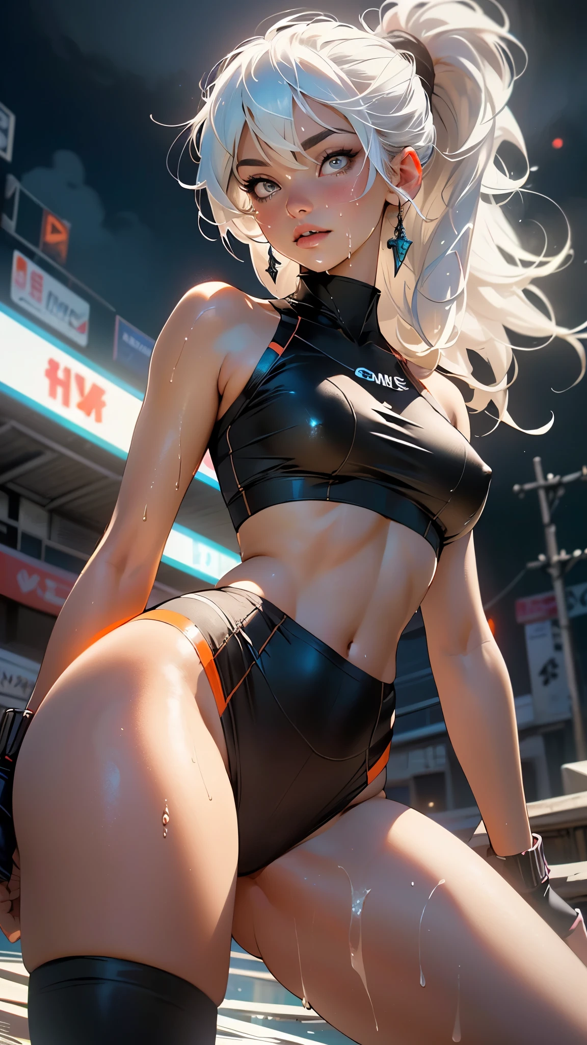 girl sporty,((attractive girl)),
(large breasts:1.4),saggy breasts,(((white hair:1.4,white ponytail hairstyle:1.5,very long hair:1.5))),((heterochromia:1.5, (orange_eye and pink_eye))),intricate eyes,beautiful detailed eyes,symmetrical eyes,((fat))(((lustrous skin:1.5,bright skin: 1.5,skin tanned,shiny skin,very shiny skin,shiny body,plastic glitter skin,exaggerated shiny skin,illuminated skin, wet legs))),(spider lower abdomen,narrow waist,wide hip,athletic body,inflated legs, thick thighs,detailed body,(detailed face)),
cute,slutty,seductive,erotic,(((nsfw))),
revealing clothing,show skin,with micro clothes,almost totally naked,with little clothing,(tiny thong),generous neckline,((tight sports bra, tight sports thong,((orange and black clothes)))),(((underboob))),((wet clothes,intricate outfit,intricate clothes)),
(dynamic pose:1.0),embarrassed,(centered,scale to fit dimensions,Rule of thirds),
cyberpunk city by the ocean at night, with bright neon signs and dark stormy clouds and puddles, scenery:1.25,nighttime, starry night, cosmos,Very dark night that makes the neon lights stand out, very bright neon lights,
artistic photography,(photography taken by sldr),highres, sharp focus,(ultra detailed, extremely detailed), (photorealistic artwork:1.37),(extremely detailed CG unity 8k wallpaper),((synthwave background theme)),(((vibrant colors))),intricate,(intricate background),(masterpiece),(best quality),perfect rendered face,perfect face details,realistic face,photo realistic,analog style,((intricate detail)),(((realism))),