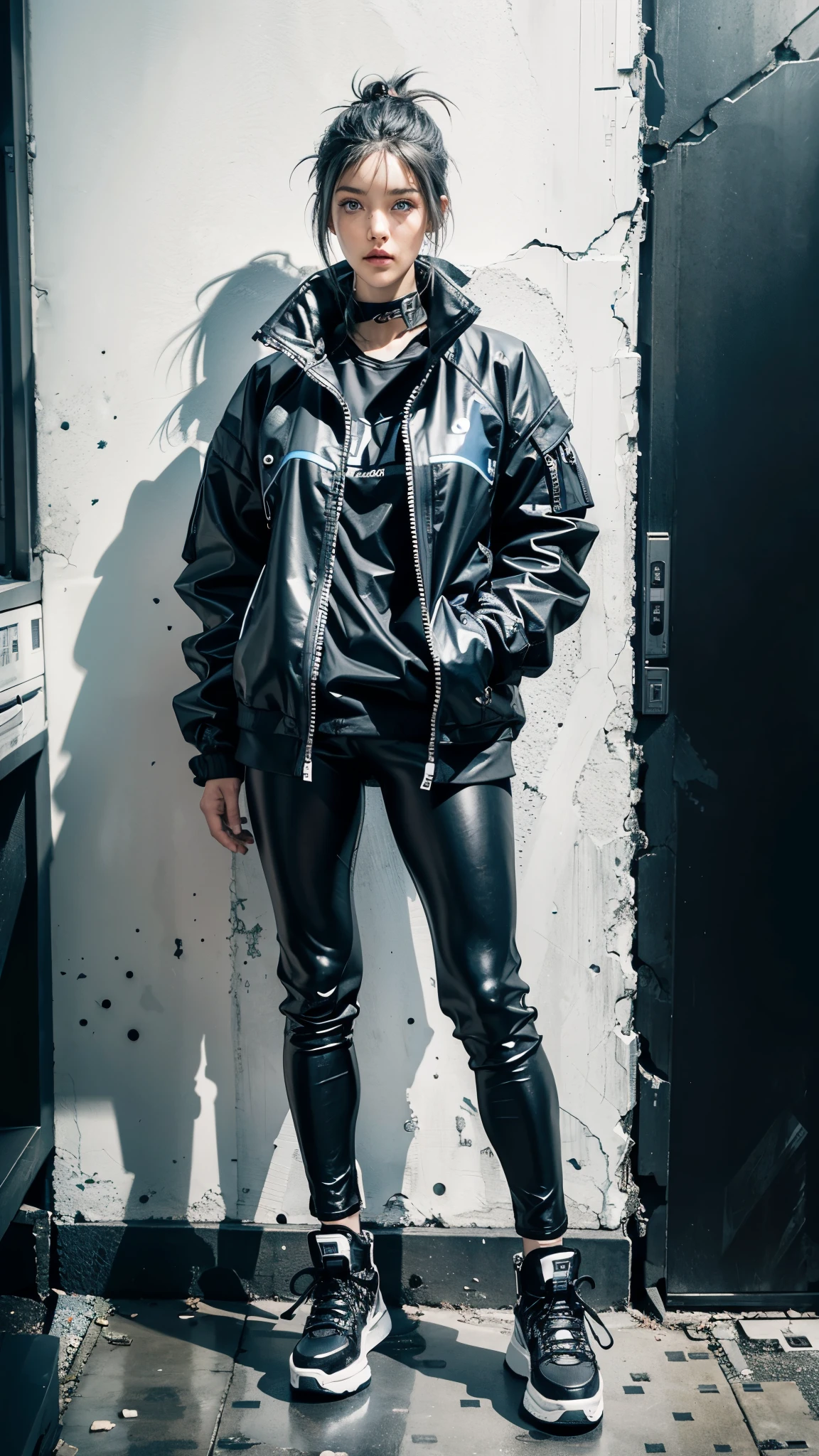(fashion brand collection, beautiful grid, catalogue, multiple wear:1.6), highly detailed, beautiful, masterpiece, best quality, Geometric style, abstract beauty,1 girl, (all body shot, standing and posing:1.3), approaching perfection, digital painting, artstation, (concept art:1.3), illustration, white and black colors, Geometric patterns, abstract forms, Complex, surreal, (Artistic complicated black and white background), BREAK (cyberpunk spring fusion:1.2), (futuristic monochrome style:1.2),
BREAK
(black high-collar MOUNTAIN jacket with shirt hem peeking out, zip up all:1.3), (A large high-collar that hides the Mouth:1.8), (Hide the Mouth with clothes:1.4), (edgy cyberpunk detail:1.2),
BREAK
(white 7/8 length leggings:1.2), (streamlined design:1.2),
BREAK
(black chunky platform high-top sneakers:1.2), (Tactical style:1.2),
(ns:1.4), (revealing outfit:1.3), (gray hair, blue eyes:1.4),
