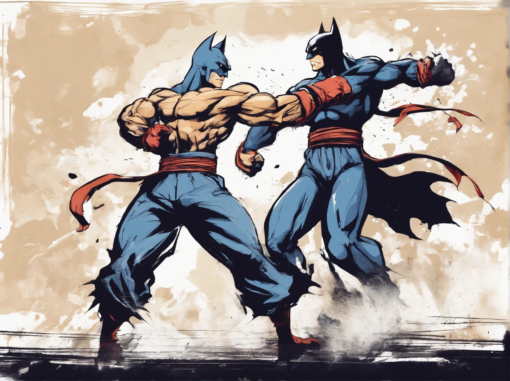 two batman fight pose ,wear jean, dry ink brush paint, line art