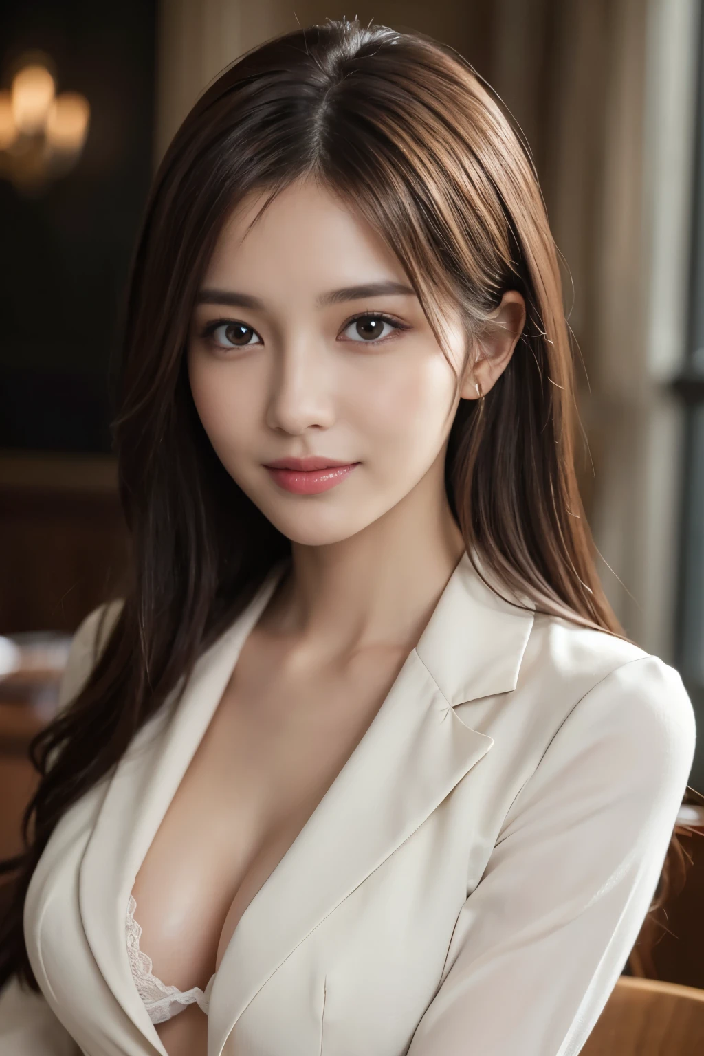 table top, highest quality, realistic, Super detailed, finely, High resolution, 8k wallpaper, 1 beautiful woman,, light brown messy hair, wearing a business suit, sharp focus, perfect dynamic composition, beautiful and detailed eyes, thin hair, Detailed realistic skin texture, smile, close-up portrait, model body shape