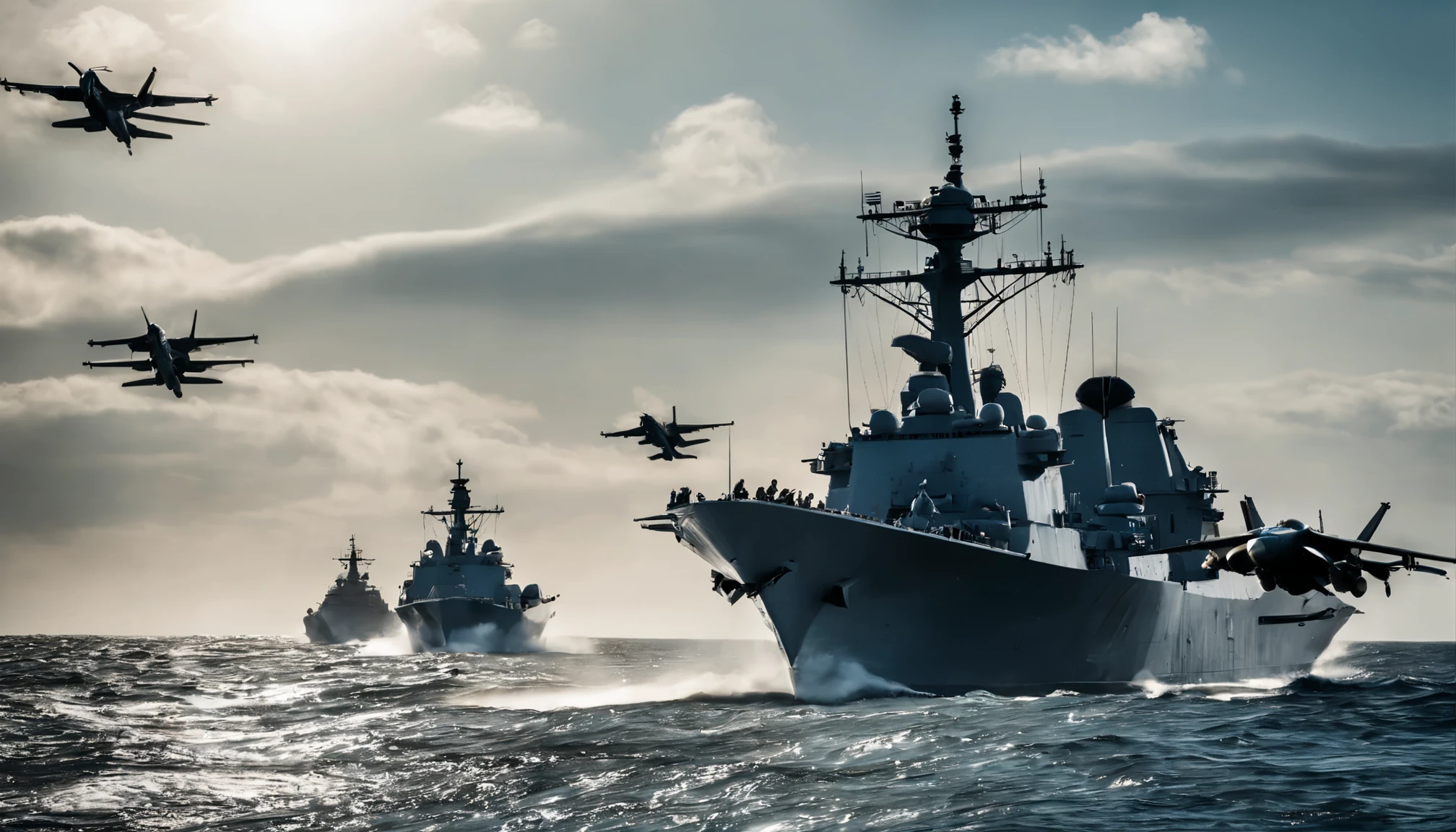 "Generate a captivating poster-style image featuring fighter jets and warships at sea, set against a backdrop of a bright and sunny day. Ensure the image quality is high-definition to capture the details and vibrancy of the scene. Convey the intensity and scale of a naval conflict with dynamic composition and vibrant colors. Use dramatic lighting and perspective to enhance the visual impact, drawing viewers' attention to the action-packed scene. Engage viewers with a visually compelling image that evokes a sense of urgency and excitement, compelling them to click and watch the video."