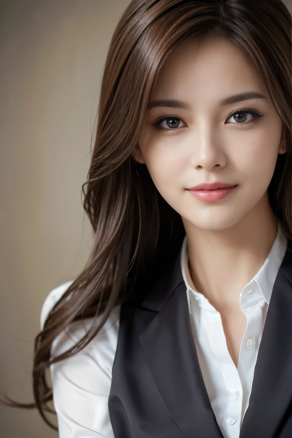 table top, highest quality, realistic, Super detailed, finely, High resolution, 8k wallpaper, 1 beautiful woman,, light brown messy hair, wearing a business suit, sharp focus, perfect dynamic composition, beautiful and detailed eyes, thin hair, Detailed realistic skin texture, smile, close-up portrait, model body shape