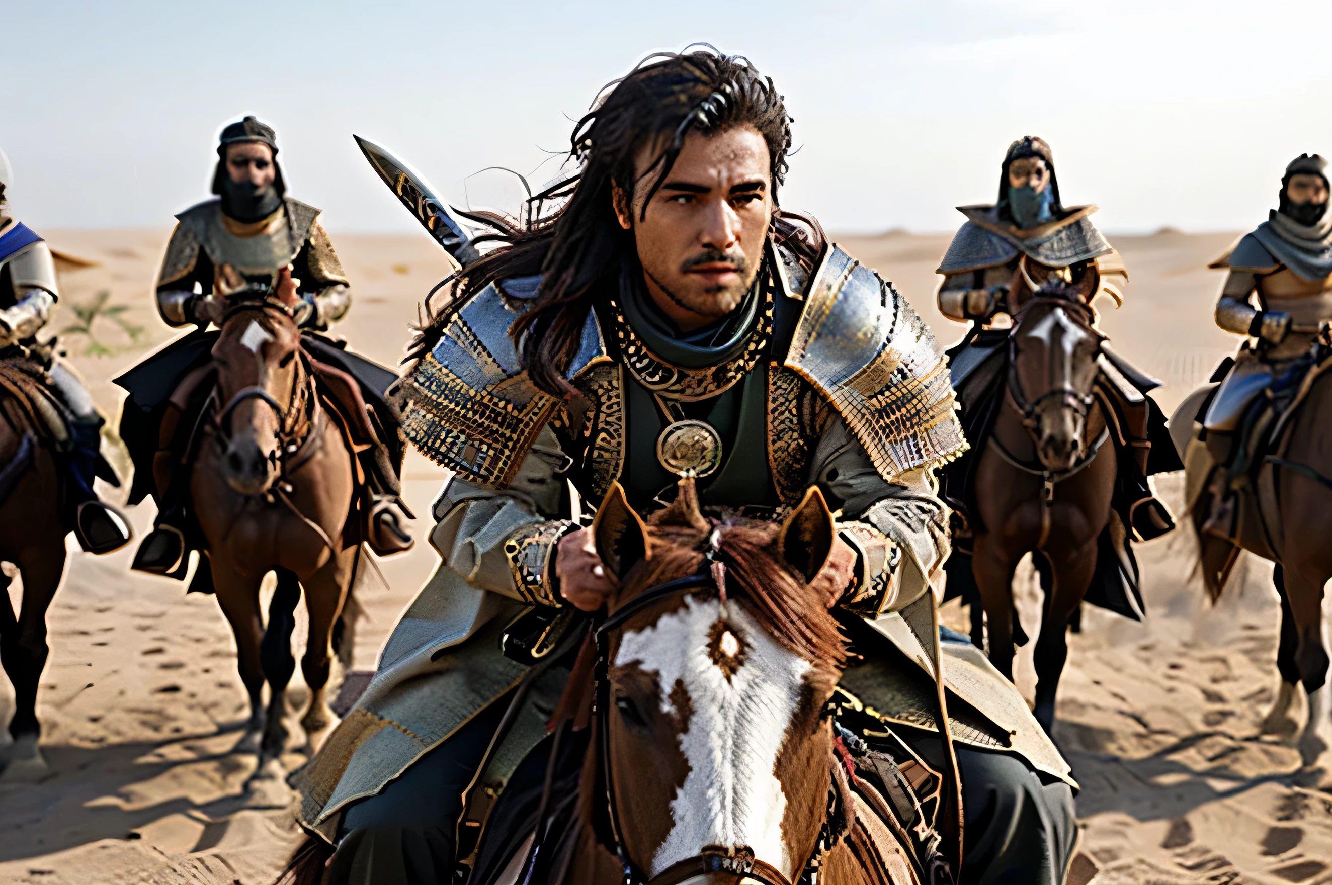 there are many men riding horses in the desert with swords, arabian samurai, portrait of bedouin d&d, handsome prince of persia, in an arena in dune 2021, arabian art, scene from dune 2 0 2 1 movie, film still from dune 2020, artwork in the style of guweiz, tuareg