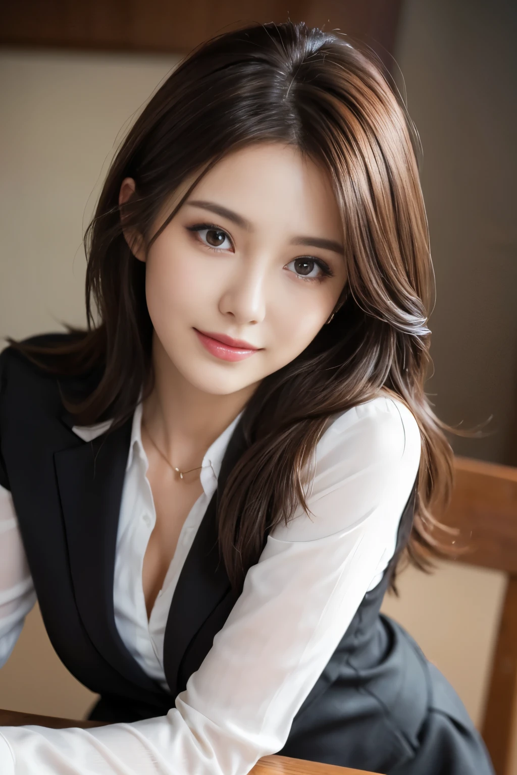 table top, highest quality, realistic, Super detailed, finely, High resolution, 8k wallpaper, 1 beautiful woman,, light brown messy hair, wearing a business suit, sharp focus, perfect dynamic composition, beautiful and detailed eyes, thin hair, Detailed realistic skin texture, smile, close-up portrait, model body shape