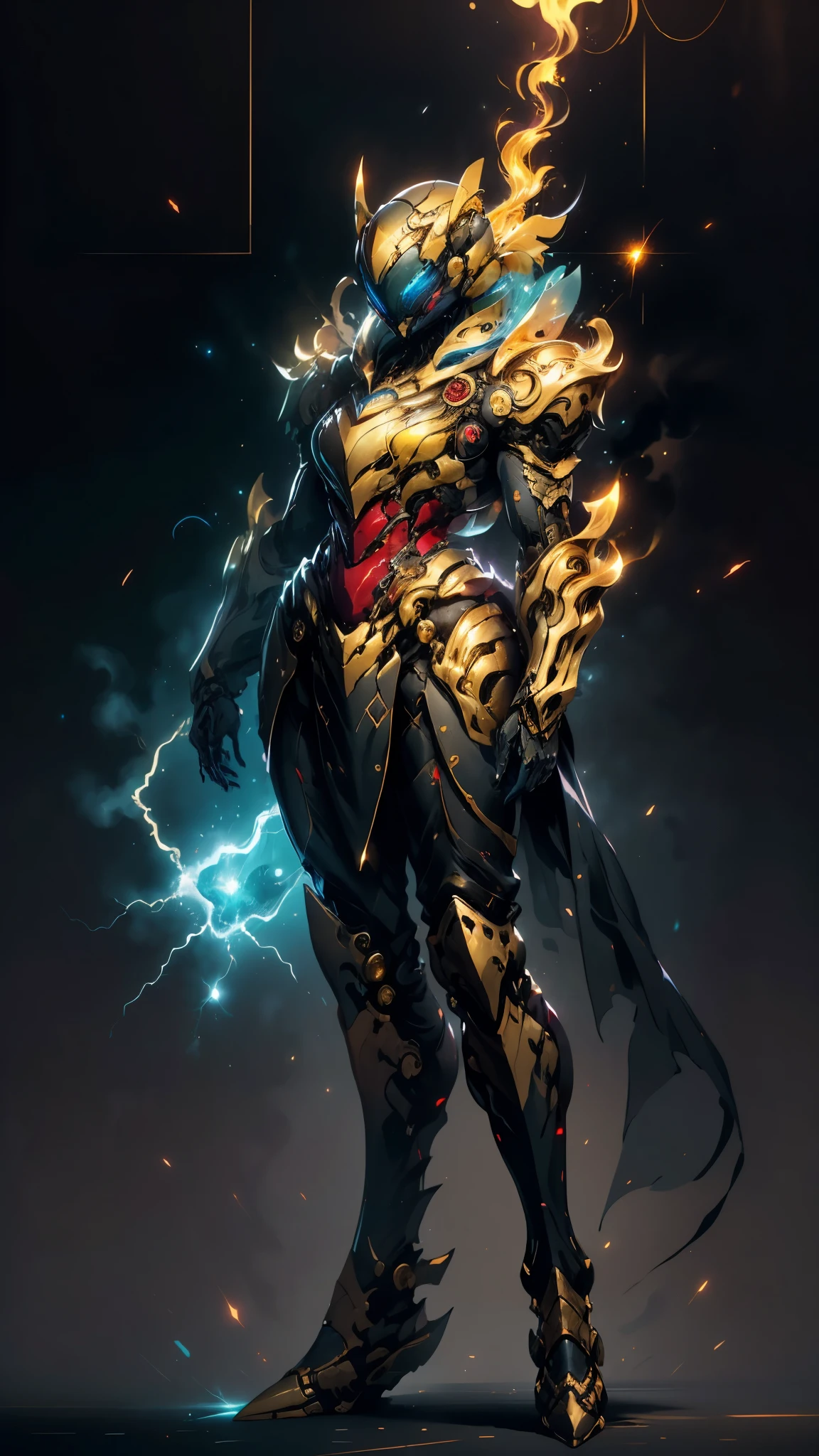 A woman adorned in fantasy-style full-body armor, a crown-concept fully enclosed helmet that unveils only her eyes, a composite layered chest plate, fully encompassing shoulder and hand guards, a lightweight waist armor, form-fitting shin guards, the overall design is heavy-duty yet flexible, ((the armor gleams with a golden glow, complemented by red and blue accents)), exhibiting a noble aura, she floats above a fantasy-surreal high-tech city, this character embodies a finely crafted fantasy-surreal style armored hero in anime style, exquisite and mature manga art style, (mixture of Queen bee and Spider concept Armor, plasma, blood), ((Element, energy, elegant, goddess, femminine:1.5)), metallic, high definition, best quality, highres, ultra-detailed, ultra-fine painting, extremely delicate, professional, anatomically correct, symmetrical face, extremely detailed eyes and face, high quality eyes, creativity, RAW photo, UHD, 32k, Natural light, cinematic lighting, masterpiece-anatomy-perfect, masterpiece:1.5