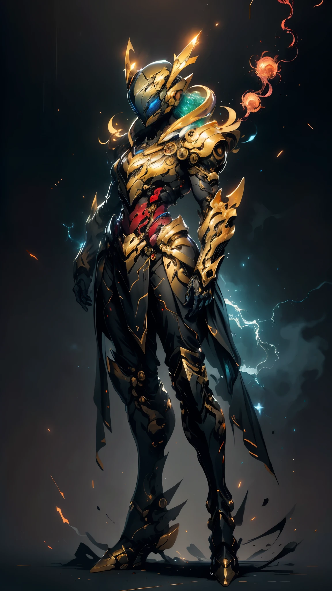 A woman adorned in fantasy-style full-body armor, a crown-concept fully enclosed helmet that unveils only her eyes, a composite layered chest plate, fully encompassing shoulder and hand guards, a lightweight waist armor, form-fitting shin guards, the overall design is heavy-duty yet flexible, ((the armor gleams with a golden glow, complemented by red and blue accents)), exhibiting a noble aura, she floats above a fantasy-surreal high-tech city, this character embodies a finely crafted fantasy-surreal style armored hero in anime style, exquisite and mature manga art style, (mixture of Queen bee and Spider concept Armor, plasma, blood), ((Element, energy, elegant, goddess, femminine:1.5)), metallic, high definition, best quality, highres, ultra-detailed, ultra-fine painting, extremely delicate, professional, anatomically correct, symmetrical face, extremely detailed eyes and face, high quality eyes, creativity, RAW photo, UHD, 32k, Natural light, cinematic lighting, masterpiece-anatomy-perfect, masterpiece:1.5