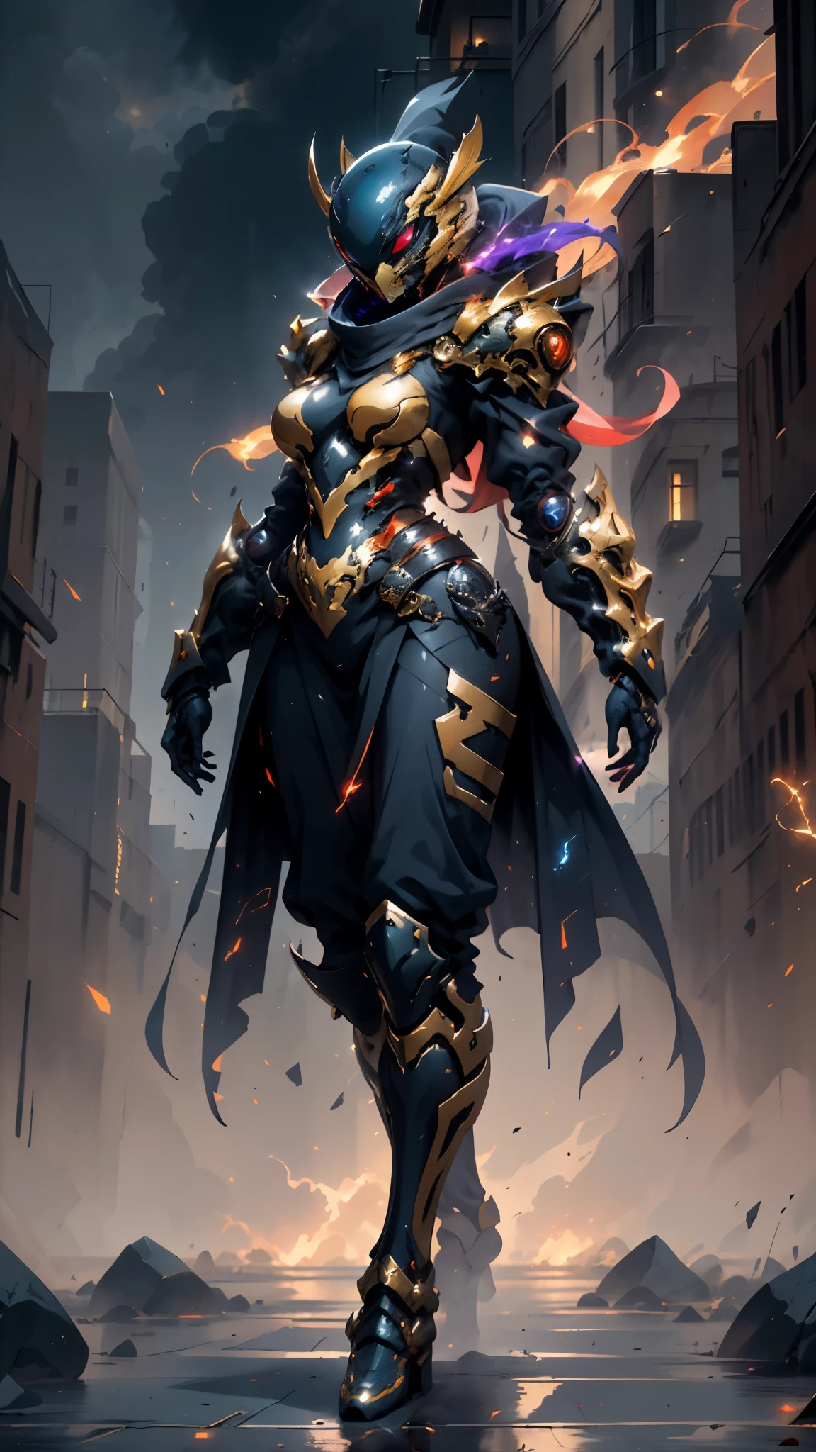 A woman adorned in fantasy-style full-body armor, a crown-concept fully enclosed helmet that unveils only her eyes, a composite layered chest plate, fully encompassing shoulder and hand guards, a lightweight waist armor, form-fitting shin guards, the overall design is heavy-duty yet flexible, ((the armor gleams with a golden glow, complemented by red and blue accents)), exhibiting a noble aura, she floats above a fantasy-surreal high-tech city, this character embodies a finely crafted fantasy-surreal style armored hero in anime style, exquisite and mature manga art style, (mixture of Queen bee and Spider concept Armor, plasma, blood), ((Element, energy, elegant, goddess, femminine:1.5)), metallic, high definition, best quality, highres, ultra-detailed, ultra-fine painting, extremely delicate, professional, anatomically correct, symmetrical face, extremely detailed eyes and face, high quality eyes, creativity, RAW photo, UHD, 32k, Natural light, cinematic lighting, masterpiece-anatomy-perfect, masterpiece:1.5