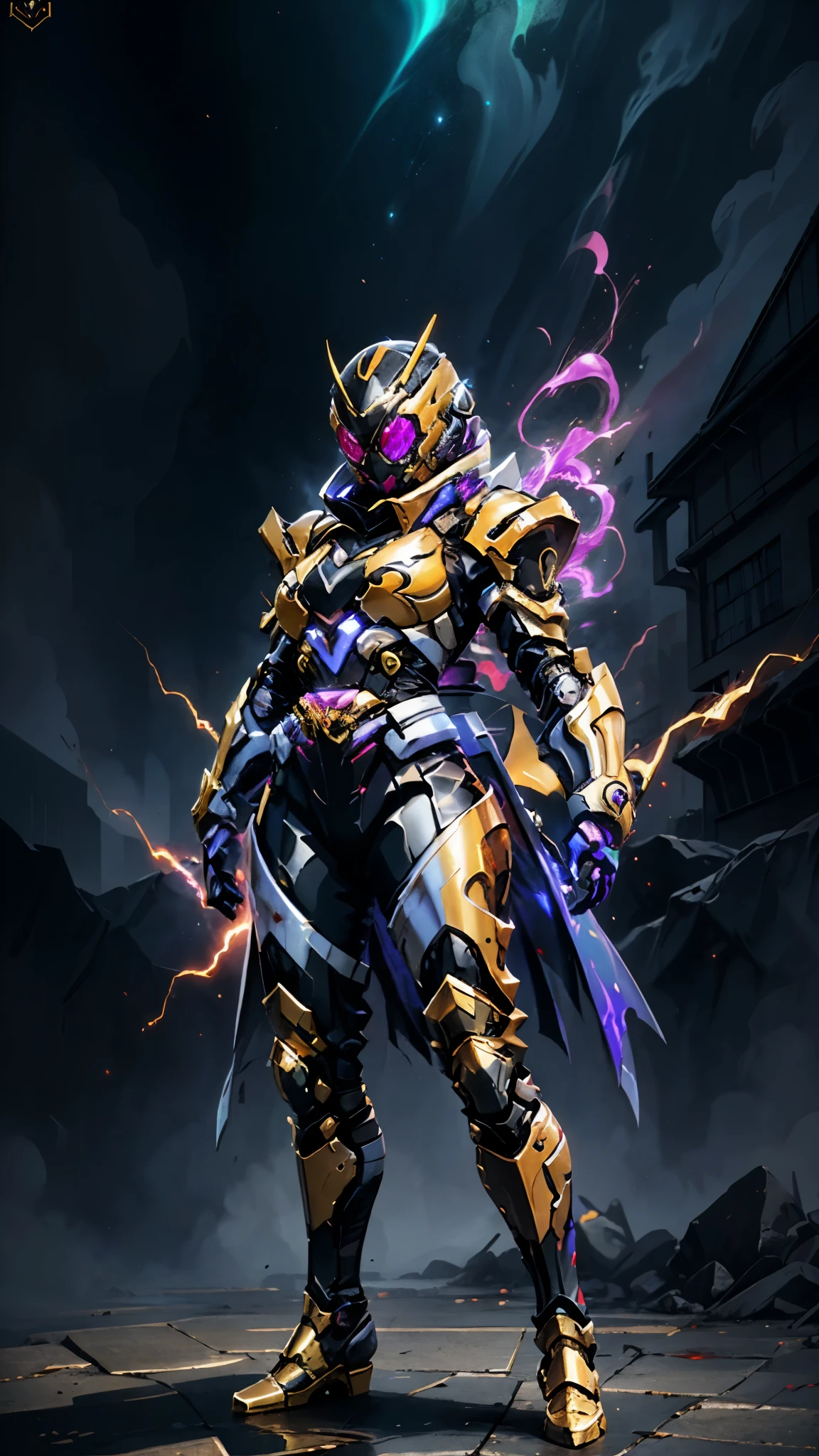 A woman adorned in fantasy-style full-body armor, a crown-concept fully enclosed helmet that unveils only her eyes, a composite layered chest plate, fully encompassing shoulder and hand guards, a lightweight waist armor, form-fitting shin guards, the overall design is heavy-duty yet flexible, ((the armor gleams with a golden glow, complemented by red and blue accents)), exhibiting a noble aura, she floats above a fantasy-surreal high-tech city, this character embodies a finely crafted fantasy-surreal style armored hero in anime style, exquisite and mature manga art style, (mixture of Queen bee and Spider concept Armor, plasma, blood), ((Element, energy, elegant, goddess, femminine:1.5)), metallic, high definition, best quality, highres, ultra-detailed, ultra-fine painting, extremely delicate, professional, anatomically correct, symmetrical face, extremely detailed eyes and face, high quality eyes, creativity, RAW photo, UHD, 32k, Natural light, cinematic lighting, masterpiece-anatomy-perfect, masterpiece:1.5