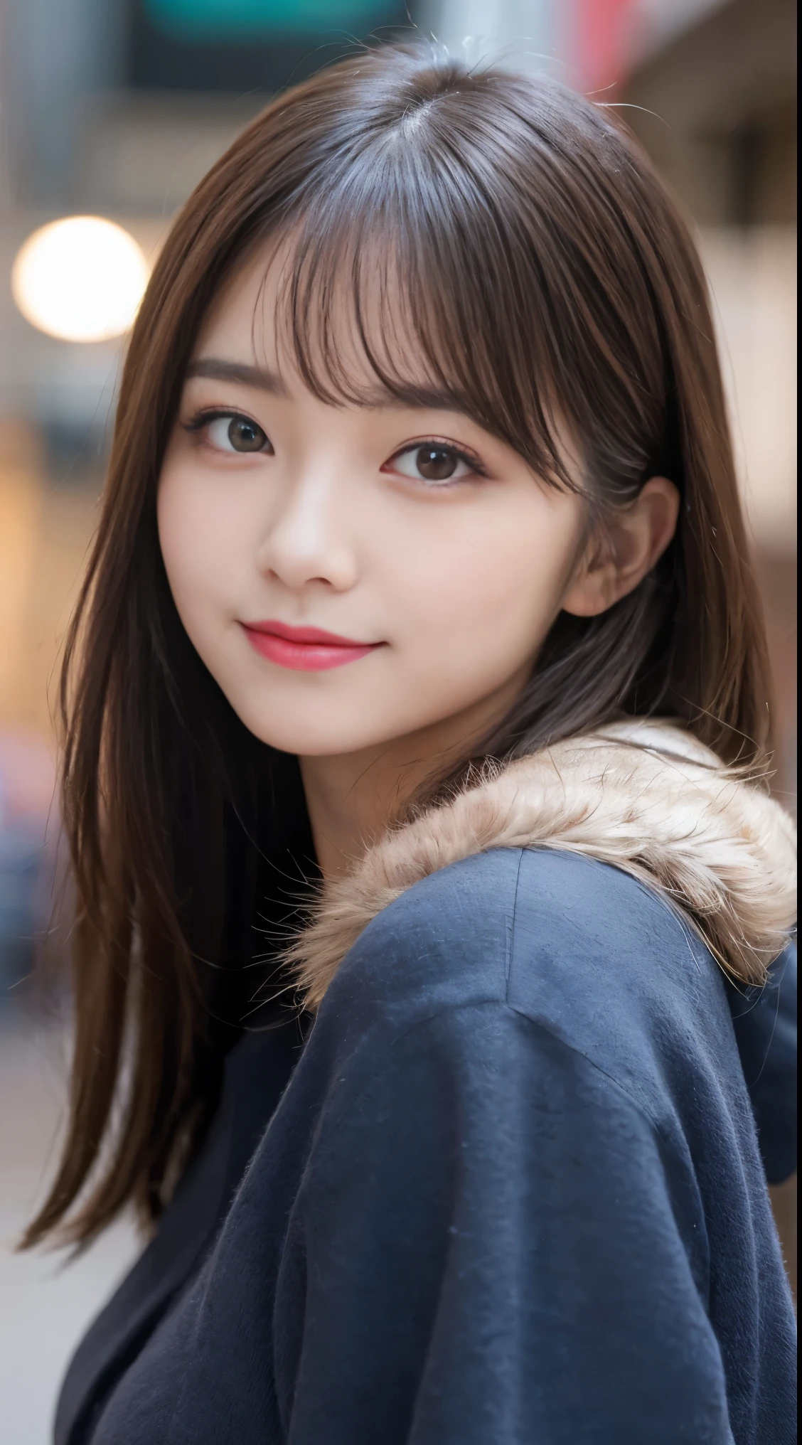 table top, highest quality, shape, Super detailed, finely, High resolution, 8k wallpaper, 完璧なダイナミックな構shape, beautiful and detailed eyes, Gorgeous winter fashion using fur,straight hair,small breasts、natural color lip,20 year old girl、cute、sexy looking at camera,beautiful and detailed face,perfect and beautiful face,KPOP idol face,Japanese idol faces,Elegant face,RAW photo,Big eyes,gal makeup,blur the background、smile、Take a close-up photo of your face