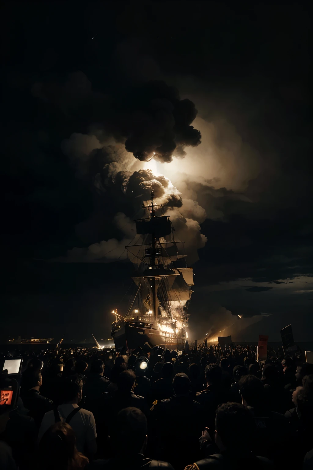 por favor, make a large ship burning anchored on a platform and a large crowd of people protesting and people jumping out of the ship in a dark and apocalyptic night with a futuristic theme where the sky is covered by a dark cloud and the lighting is done by artificial light, vista lateral do navio, Average distance