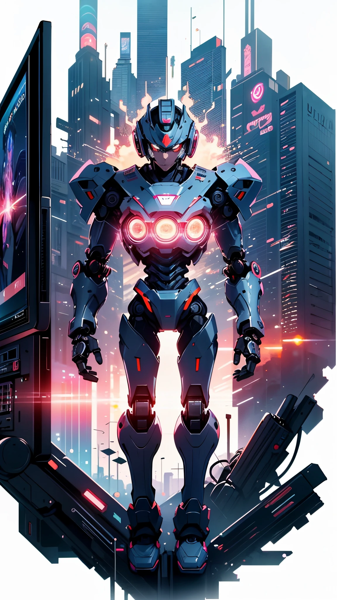 (((TV robot with mechanical arms and legs))),
(((tiny little robot chibi))) with ((((TV head)))). He has (((shaped like a cube with mechanical arms and legs))),and a (((screen on his face))) that displays emoticons and coded messages,Strange head, black tv head,detailed TV head,intricate robot,
(((Object_head,televison_head))),
(dynamic pose:1.0),solo focus,(centered,scale to fit dimensions,Rule of thirds),
cyberpunk city by the ocean at night, with bright neon signs and dark stormy clouds and puddles, scenery:1.25,nighttime, starry night, cosmos,Very dark night that makes the neon lights stand out, very bright neon lights,nighttime, starry night, cosmos,
artistic photography,(photography taken by sldr),highres, sharp focus, (ultra detailed, extremely detailed), (photorealistic artwork:1.37),(extremely detailed CG unity 8k wallpaper),((synthwave background theme)),(((vibrant colors))),(intricate background),(masterpiece),(best quality)