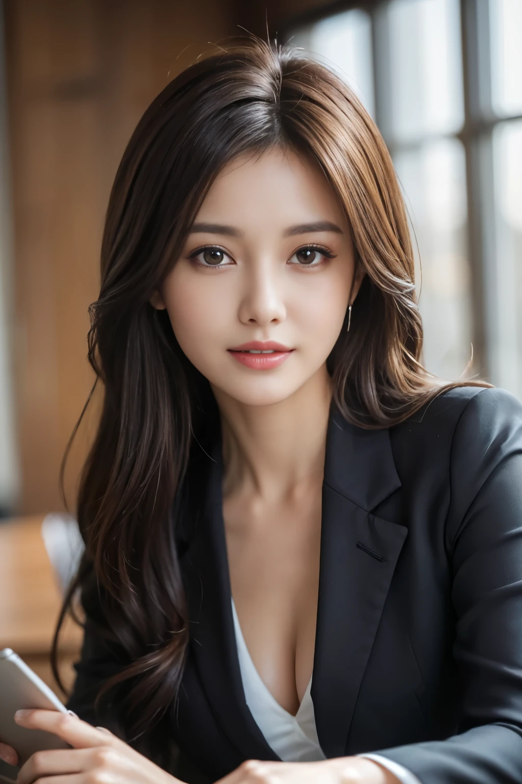 table top, highest quality, realistic, Super detailed, finely, High resolution, 8k wallpaper, 1 beautiful woman,, light brown messy hair, wearing a business suit, sharp focus, perfect dynamic composition, beautiful and detailed eyes, thin hair, Detailed realistic skin texture, smile, close-up portrait, model body shape