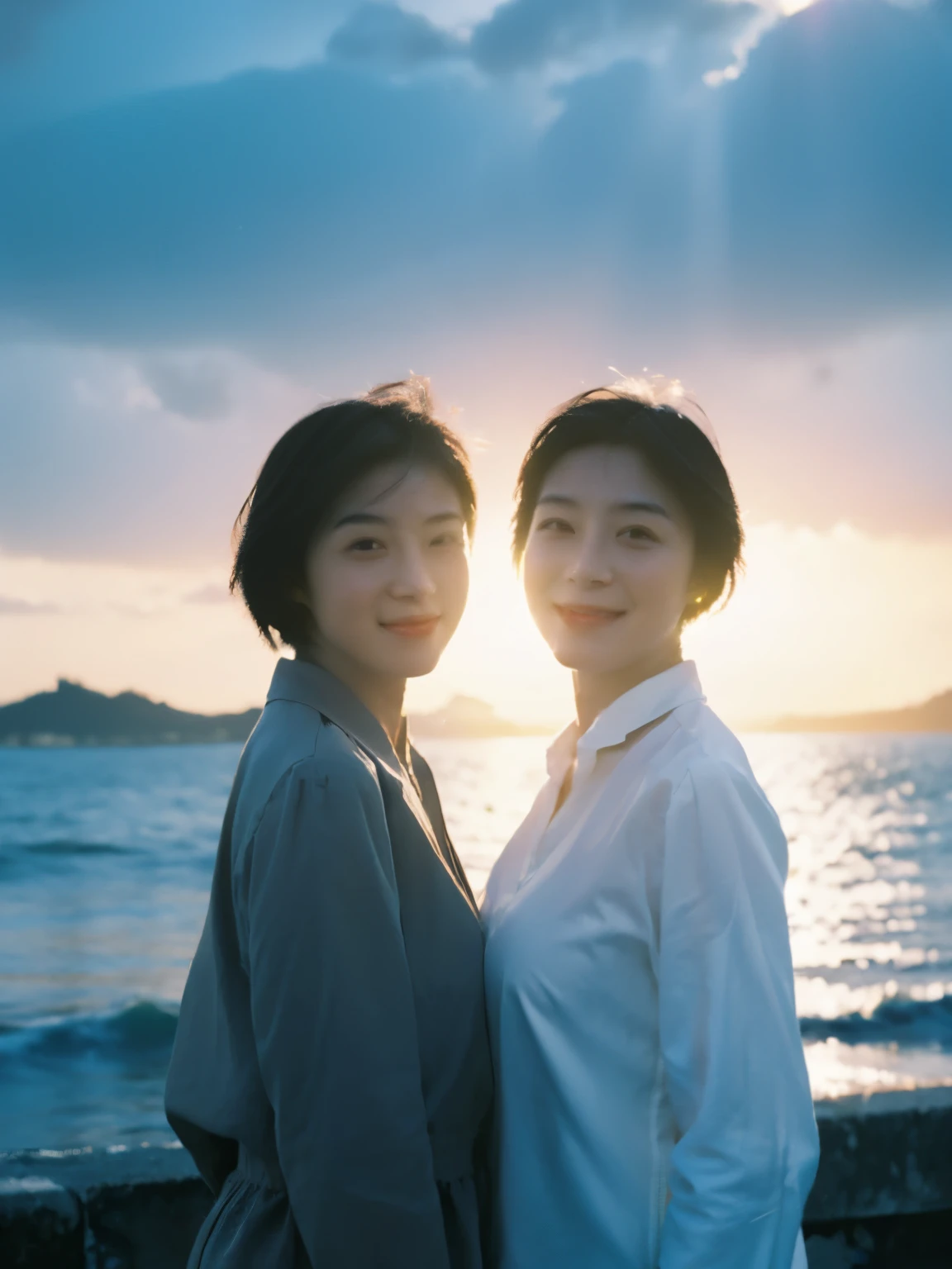 highest quality,masterpiece,ultra high resolution,(reality:1.4),original photo,cinematic lighting,
identical twin sisters,short hair,smile,Backlight,Ocean,