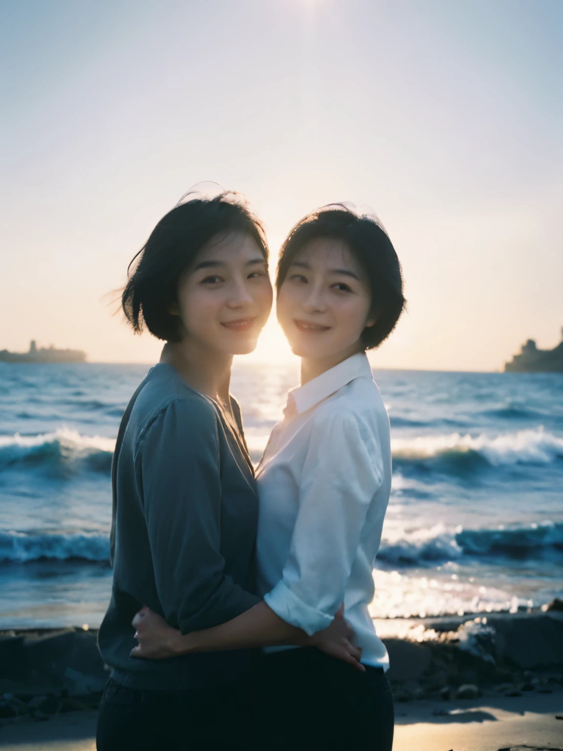 highest quality,masterpiece,ultra high resolution,(reality:1.4),original photo,cinematic lighting,
identical twin sisters,short hair,smile,Backlight,Ocean,