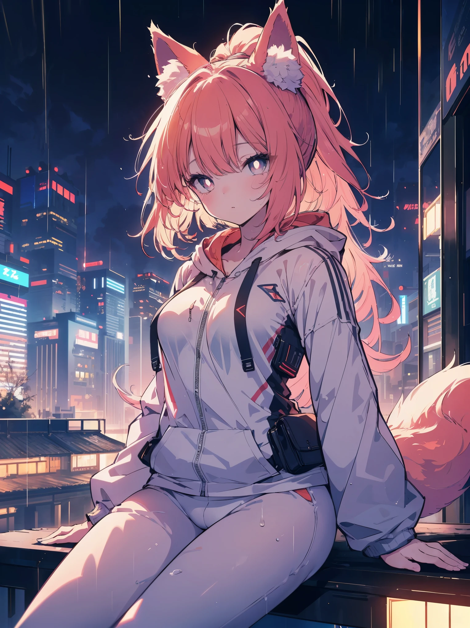 (cowboy shot), (best quality, ultra-high resolution, depth of field:1.2), beautiful face, (25 years old), (fox woman), purplish eyes, bright pupils, (medium breasts) (serious), deadpan, (pastel red long hair), ponytail, animal ears, (fluffy wolf ears), (fluffy tail), (wearing a futuristic white jacket with the hoodie down:1.2), (wearing futuristic soggy pants:1.3), Japanese building rooftop scenery, night time, raining, sitting on the edge of the rooftop, looking at viewer