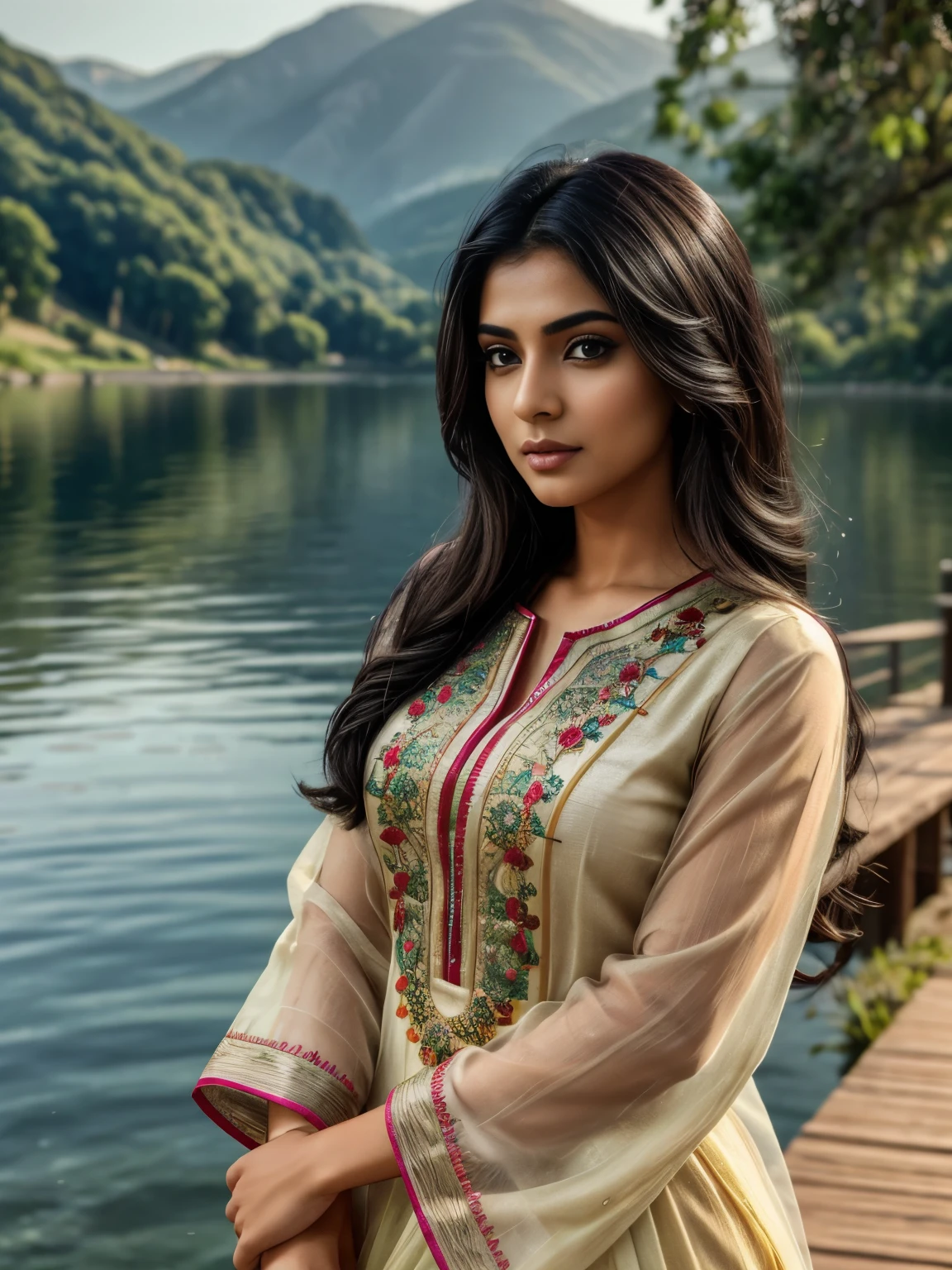 ultra-realistic photographs,Indian Instagram female model,mid 20s,9:16,mid-shot,beautiful detailed eyes,detailed lips,longeyelashes,black stylish hair, naturally full eyebrows,perfectly formed nose,expressive face,attractive appearance,candid photo,vibrant and colorful salwar-kameez dress, heavily embroidered dress, lake background, serene atmosphere,stunning architecture,soft and natural lighting,vivid colors,photorealistic,HDR,highres,studio lighting,ultra-detailed,bokeh,fully covered clothes